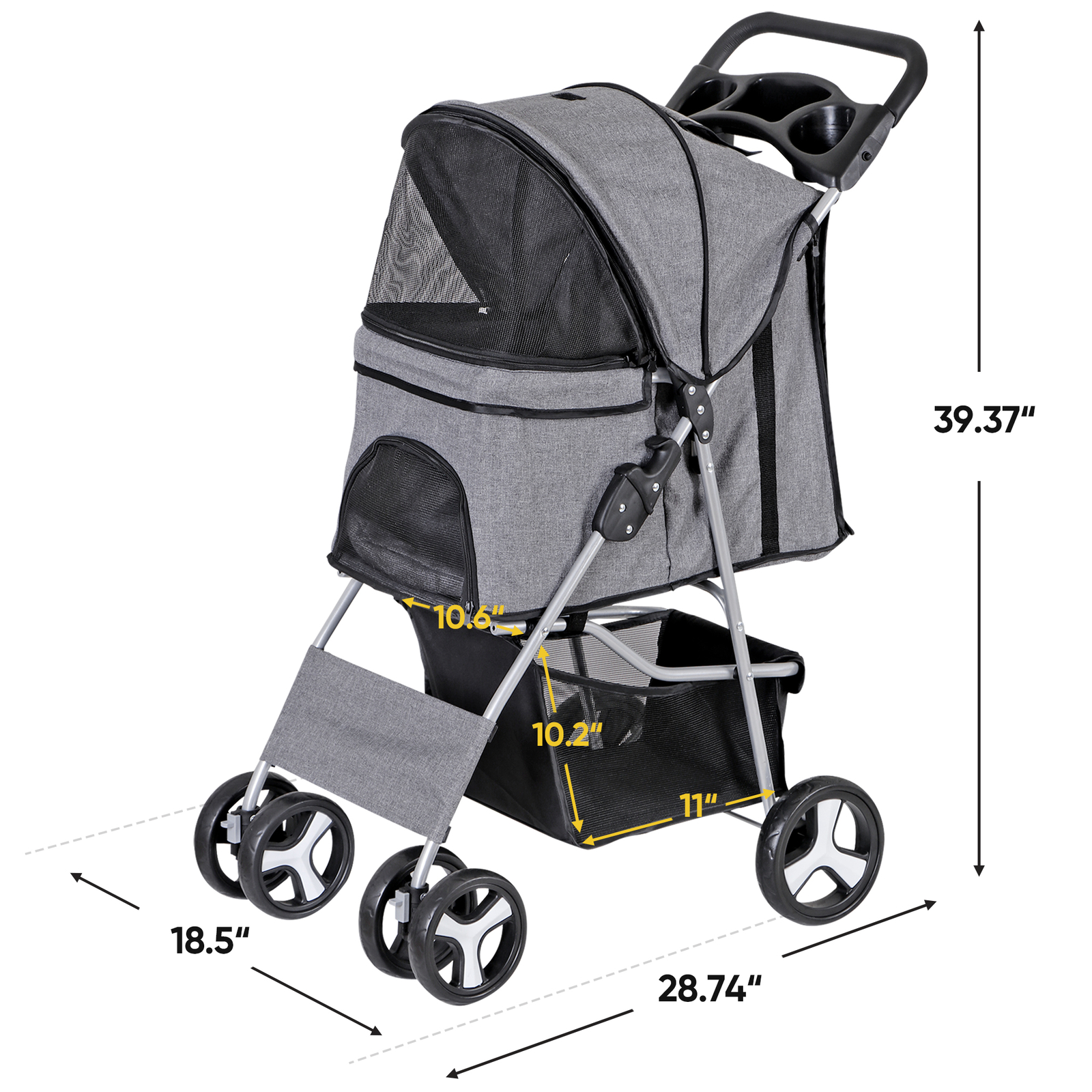 Foldable Carrier Strolling Cart 4 Wheel Pet Stroller for Dog w/ Cup Holder Gray