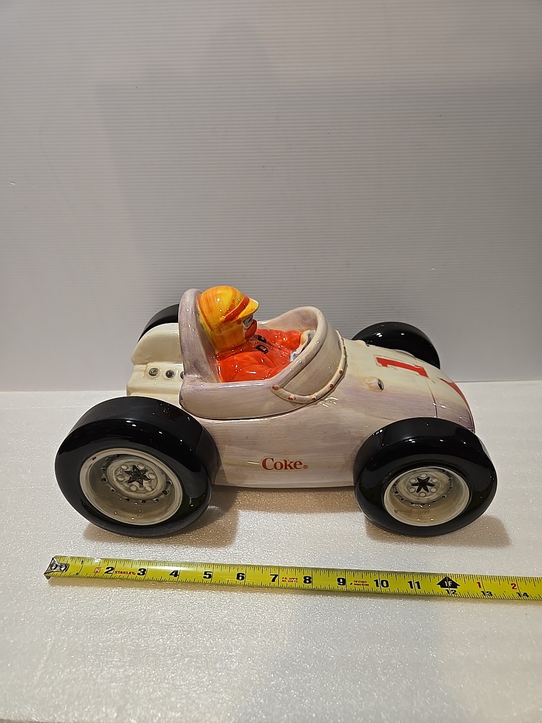 Vintage 2002 Coca-Cola COKE 14" Porcelain Race Car Cookie Jar, Very Good Shape