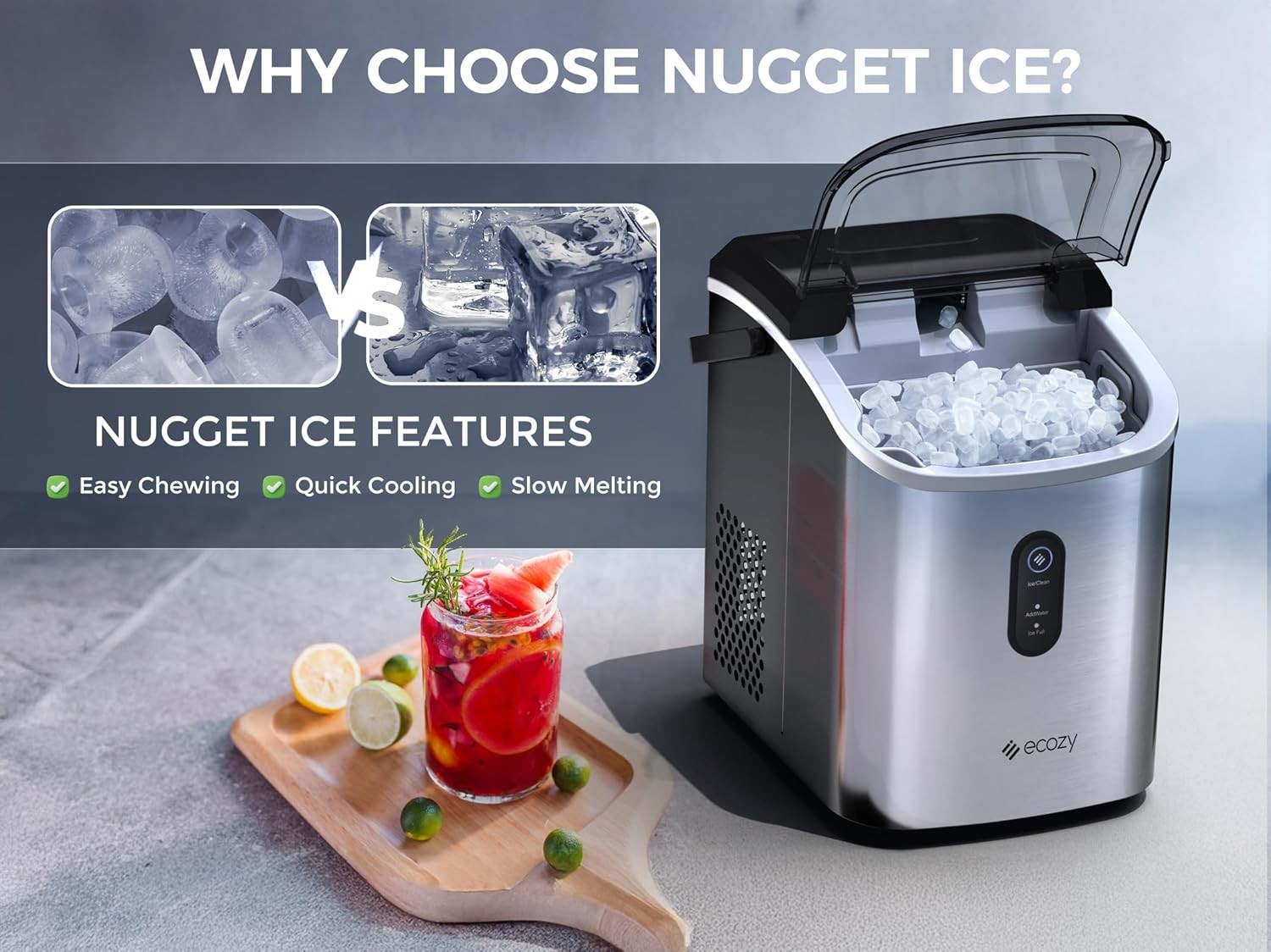 Nugget Ice Maker 33 lbs/24H Crushed Pellet Ice Cubes Ice Machine for Kitchen/Bar