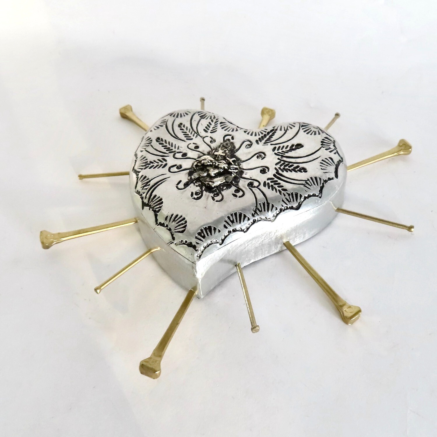 Milagros Sacred Heart Nails Wood Silver Embossed Handmade Mexican Folk Art 6H