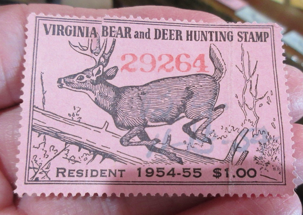 1954 - 55  Virginia Bear & Deer Hunting Stamp # 29264  has small tear (w19)