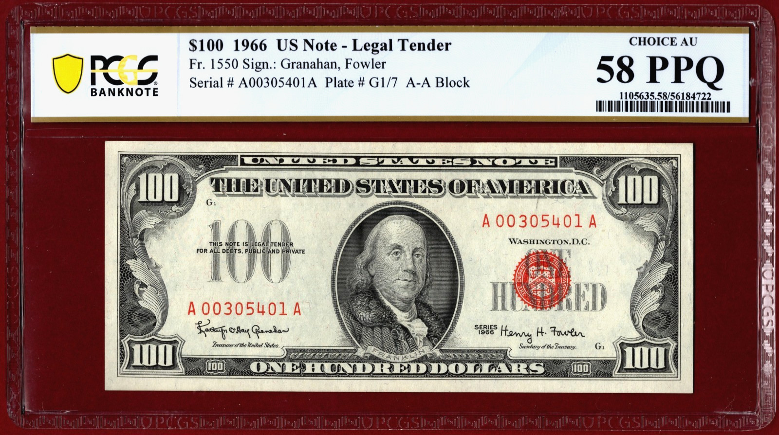 1966💲100 LEGAL TENDER   💵 RED SEAL   💵F- 1550   PCGS  58 PPQ