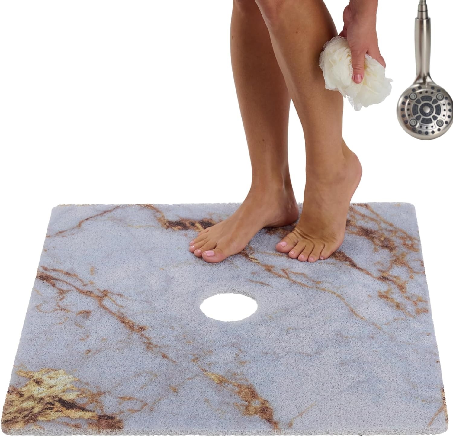 Enkosi Loofah Shower Mat with Drain Hole Textured PVC (27x27 Blue Gold Marble)