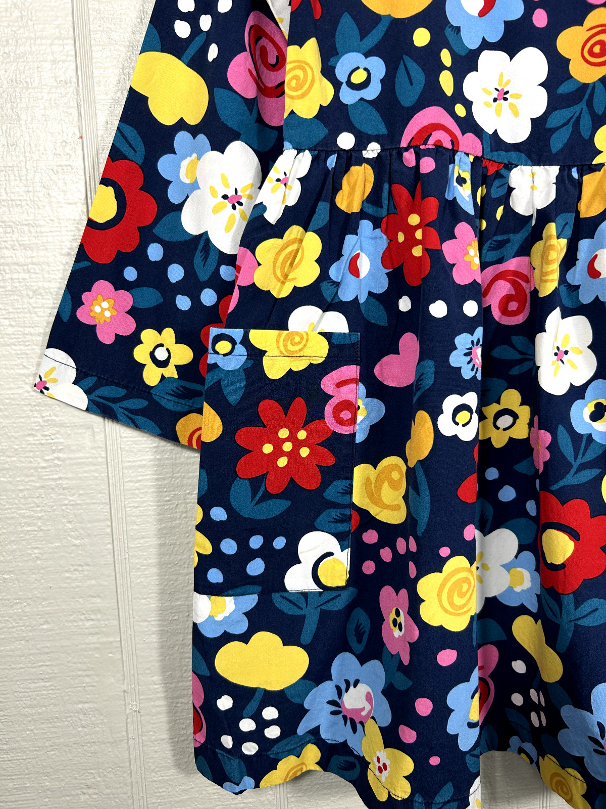 Hanna Andersson Flower Poplin Dress Girls 8 130cm Navy NWOT Long Sleeve Pockets