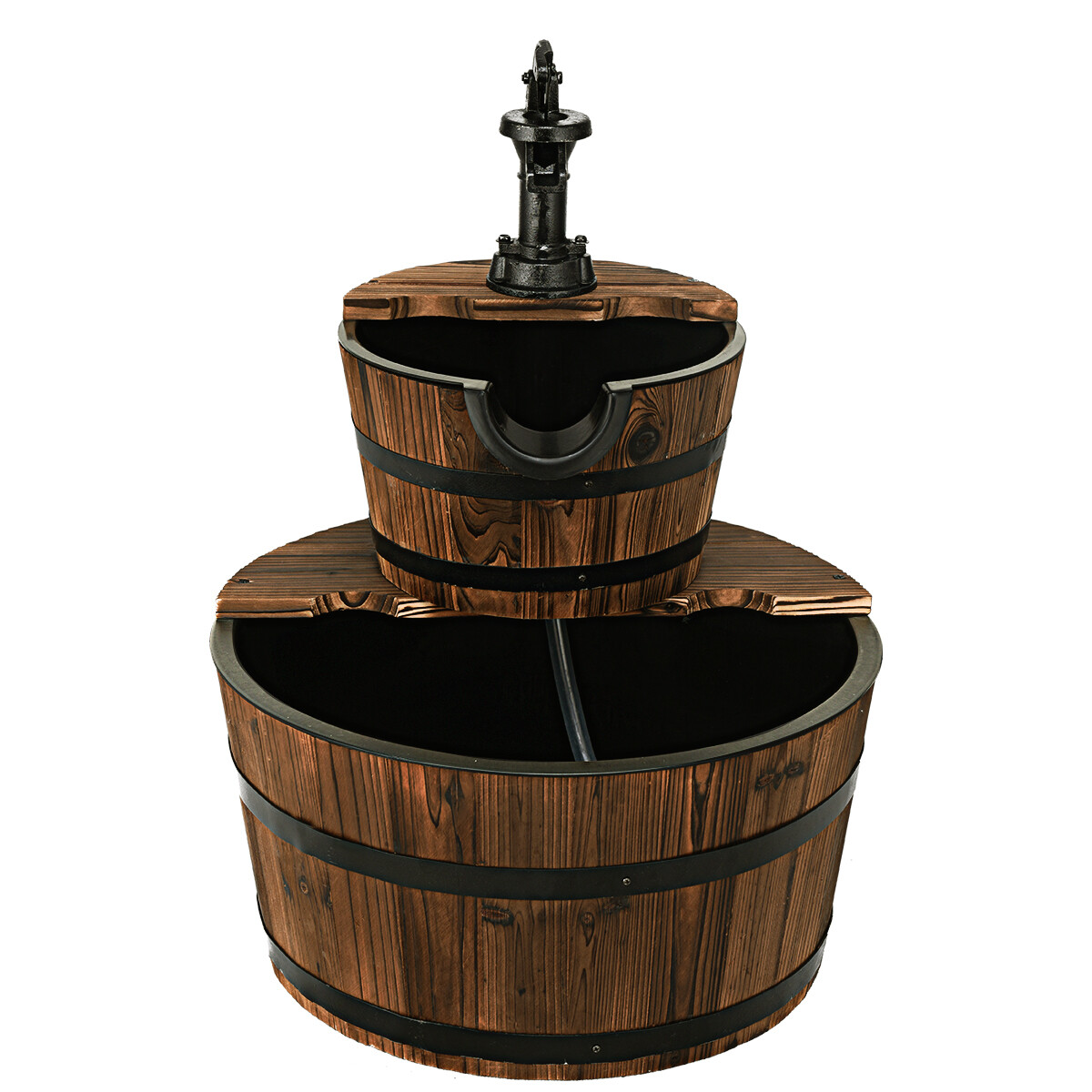 2 Tier Barrel Waterfall Fountain Barrel Wooden Water Fountain Pump Garden Patio