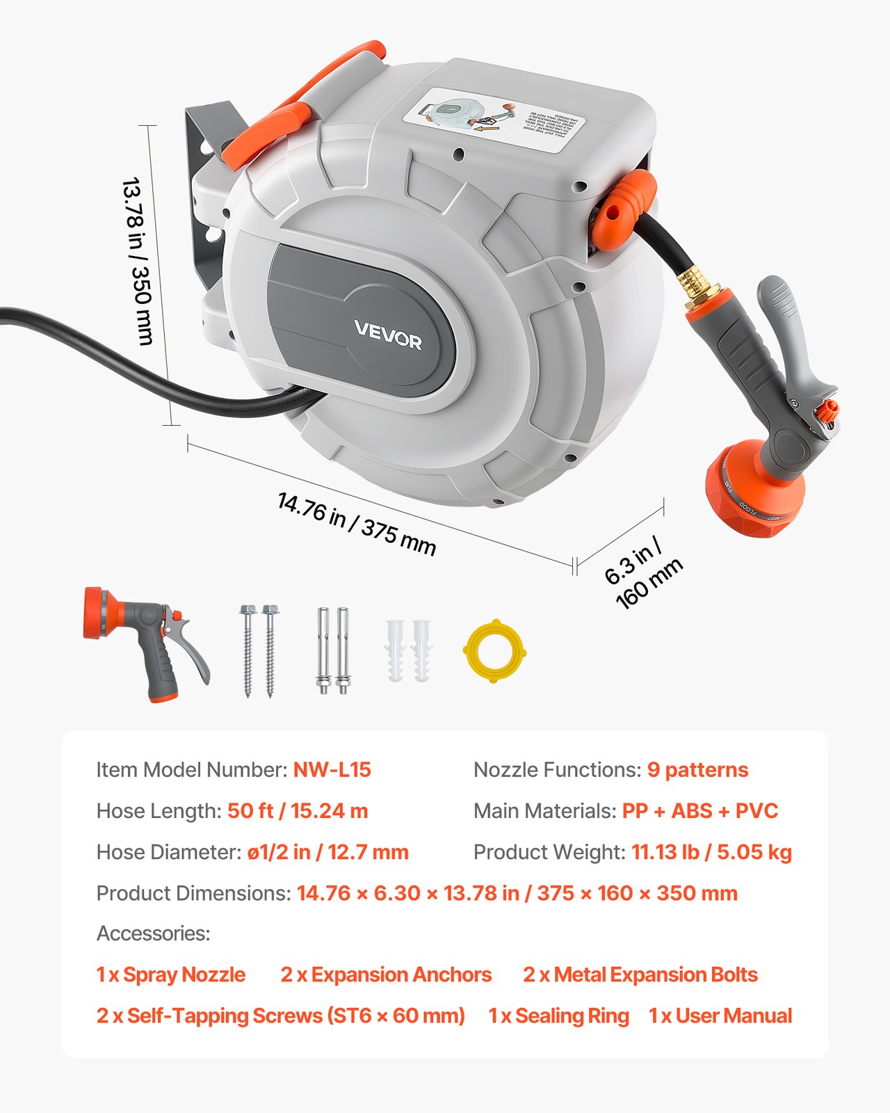 VEVOR Retractable Garden Hose Reel 1/2 in x 50 ft Wall Mount