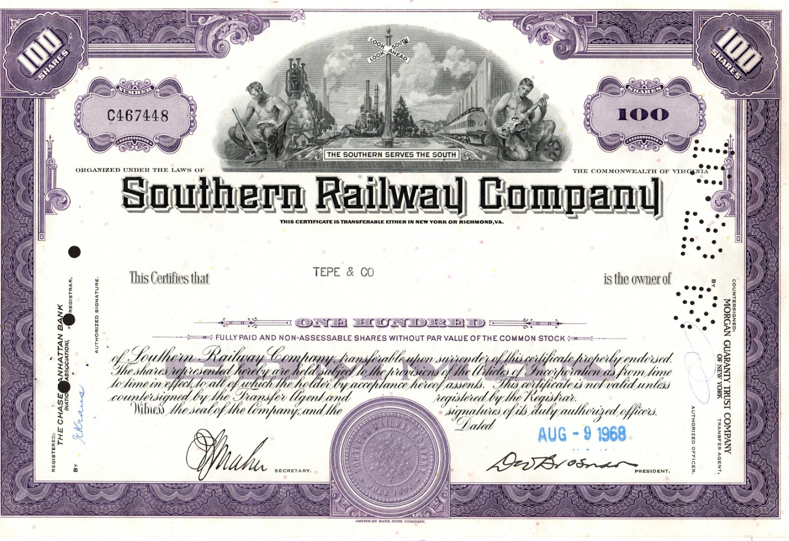 Southern Railway Company - Original Stock Certificate - 1968 - C467448
