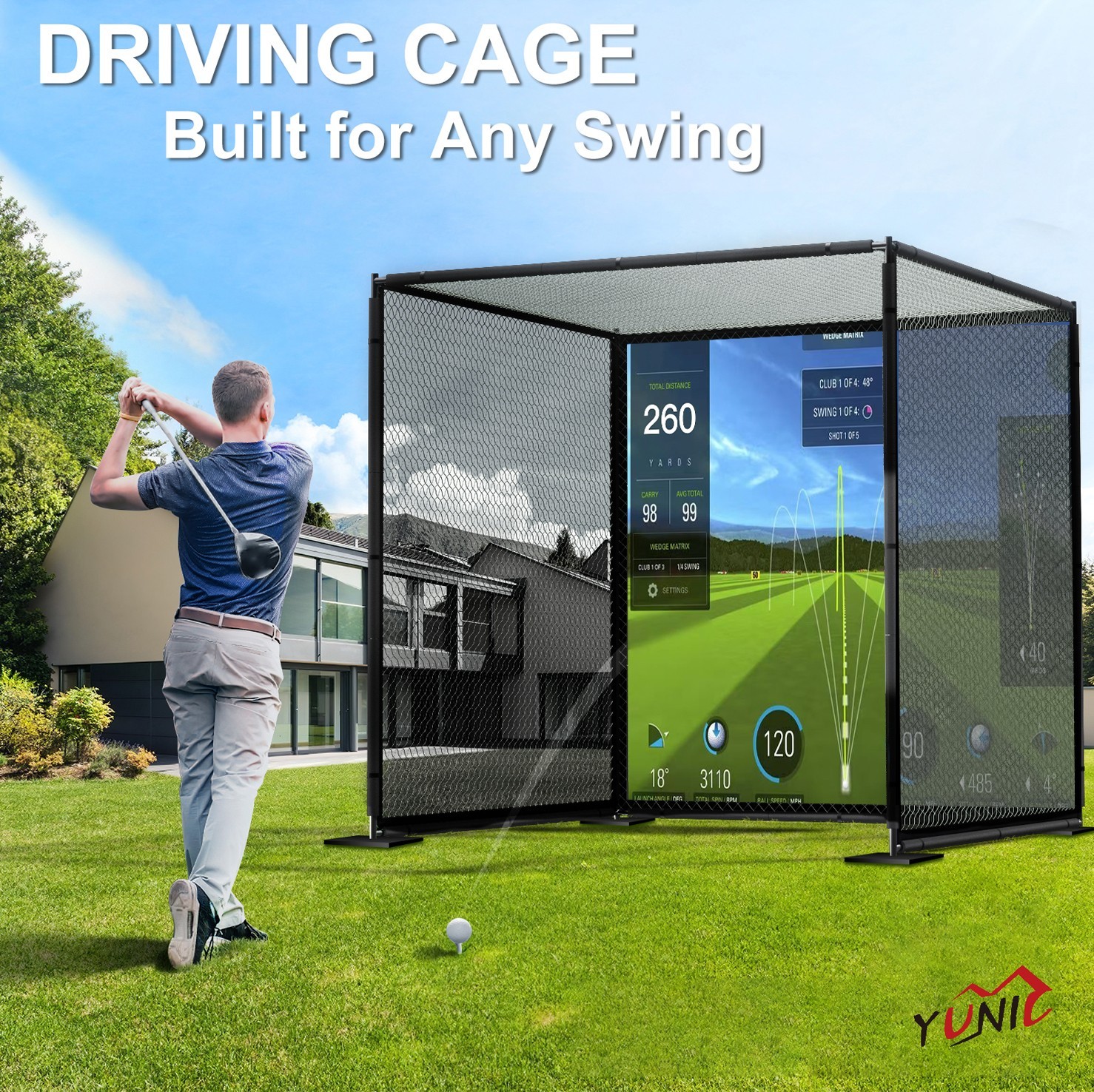 YUNIC Golf Driving Cage with Metal Frame and Simulator Impact Screen