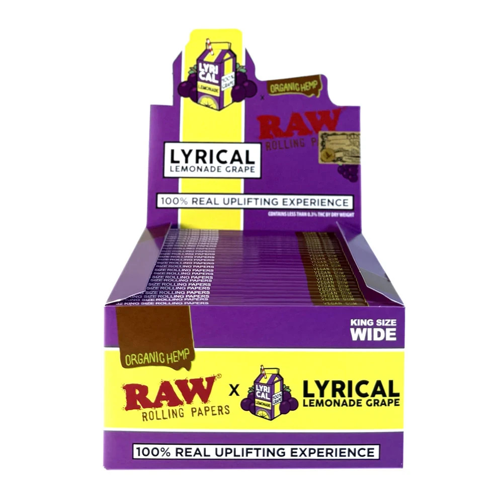 🍇 5 X RAW LYRICAL LEMONADE GRAPE KING SIZE WIDE ORGANIC HEMP ROLLING PAPERS 🍇
