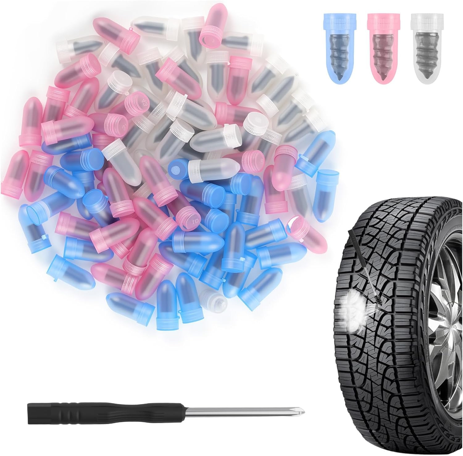 100PCS Tire Repair Screws Kit With Screwdriver 3 Sizes Rubber Plugs Flat Tires