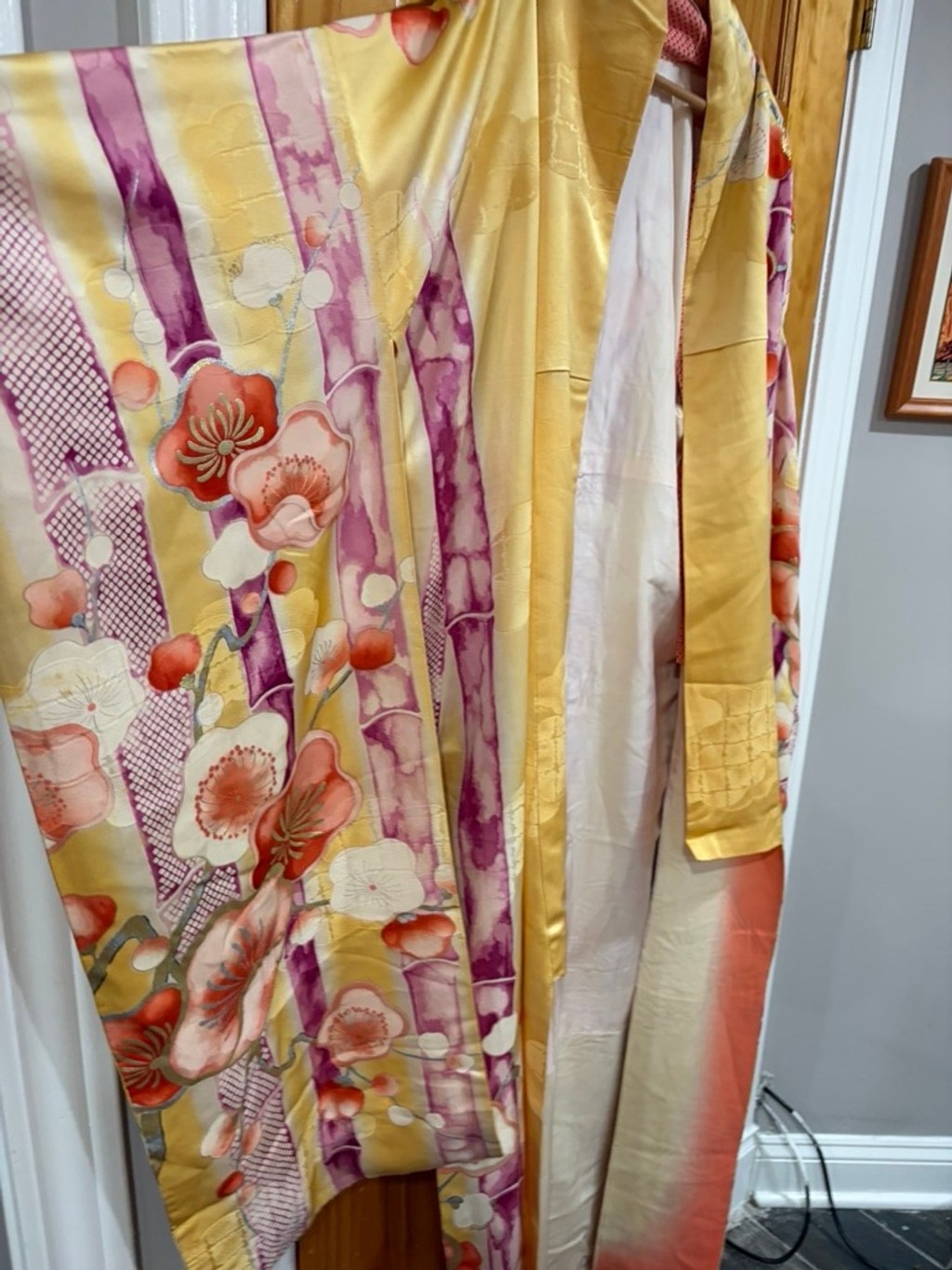 Vintage Mitsukoshi Silk Kimono Yellow Floral Gold Handpainted Long Robe Japan