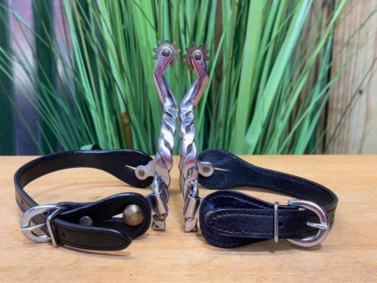 Stainless Steel Braided Western Spurs w New Black Leather Straps