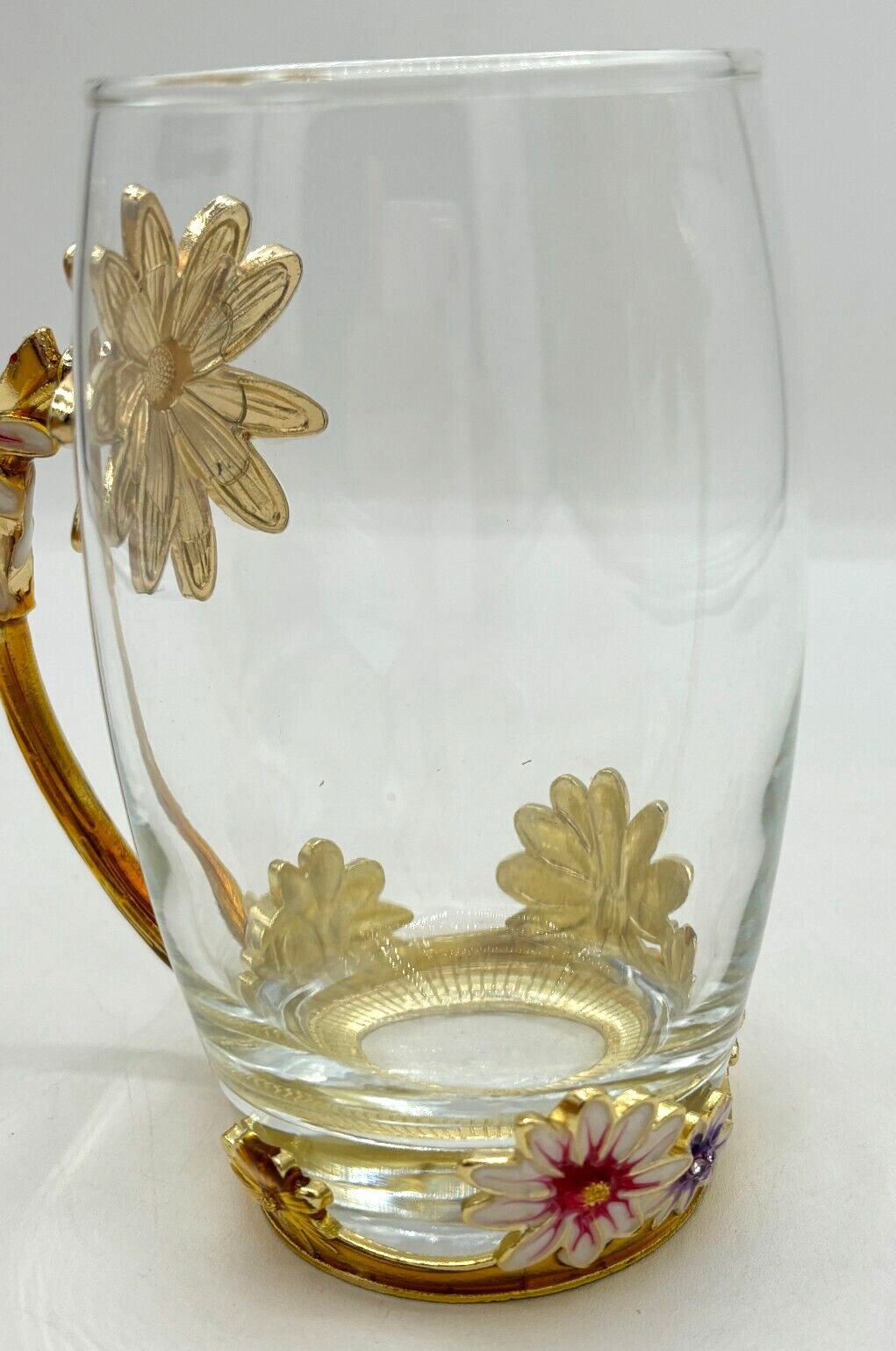 Luxury Glass 12oz Teacup Set Enamel Flower Handle and Base With Teaspoon Coaster