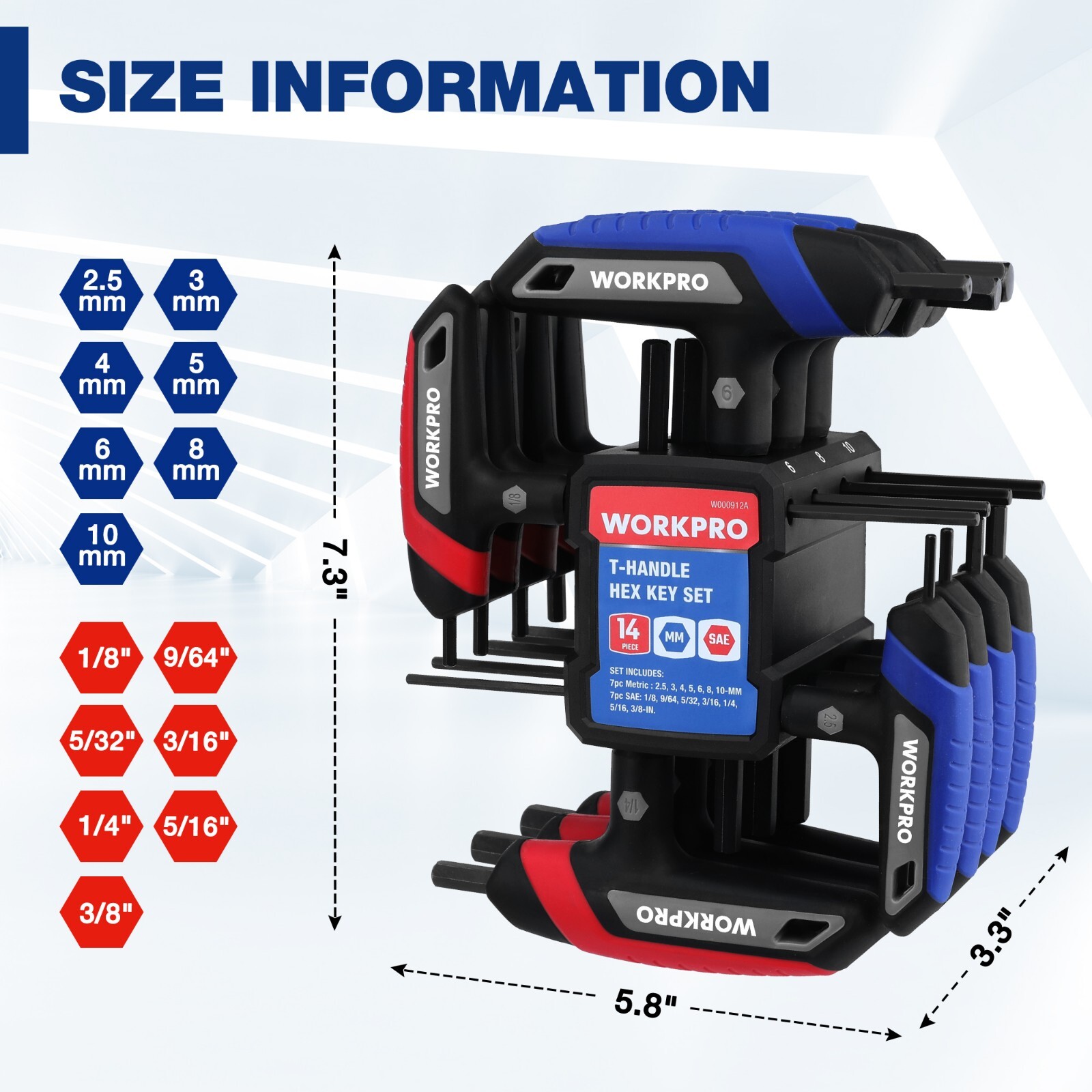 14-Piece T-Handle Allen Wrench Set, Metric & SAE T Handle Hex Key with Rack