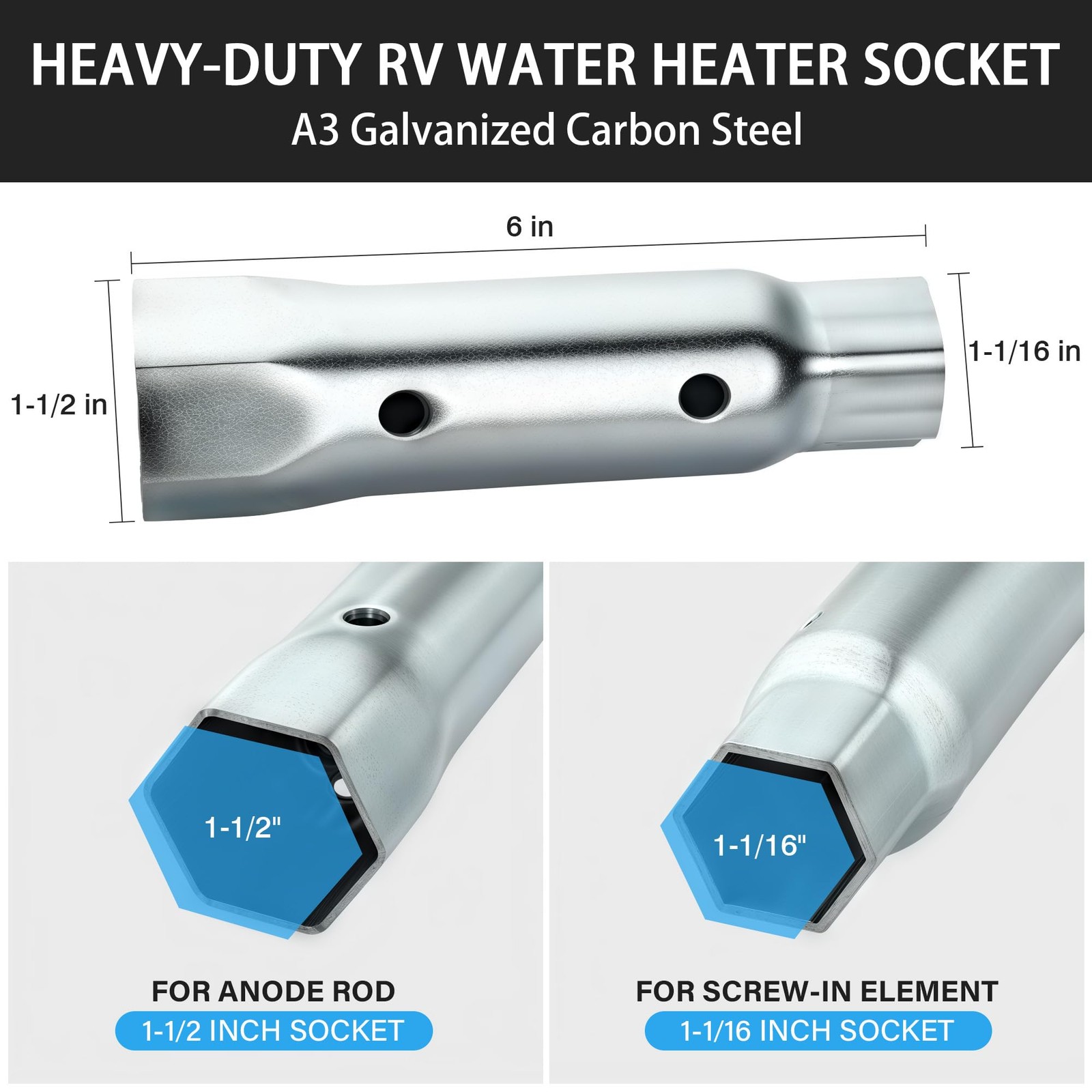 Timsec RV Water Heater Element Wrench Socket - 1-1/16 in / 1-1/2 in, Silver