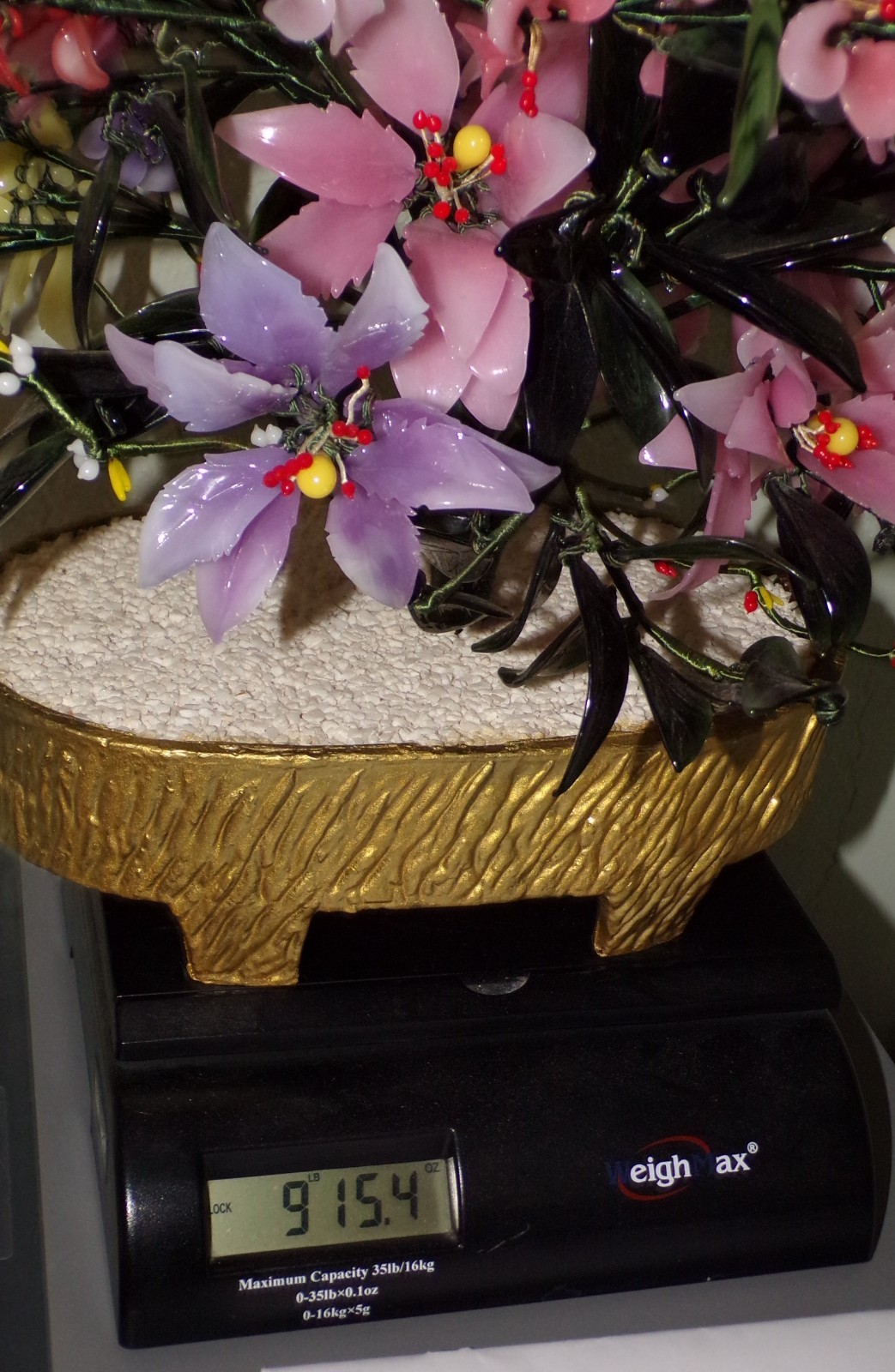 Large Jade Quartz Stone Glass Flower Bonsai Tree Vintage 20H x 30W Centerpiece