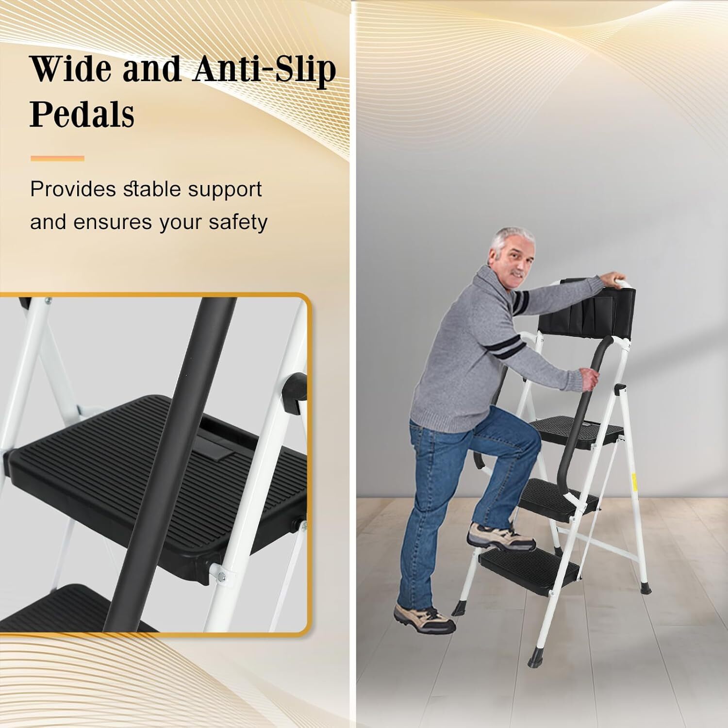 3 Step Non-Slip Stool Ladder with Handrails 500 lbs folding Attachable Tool Bag
