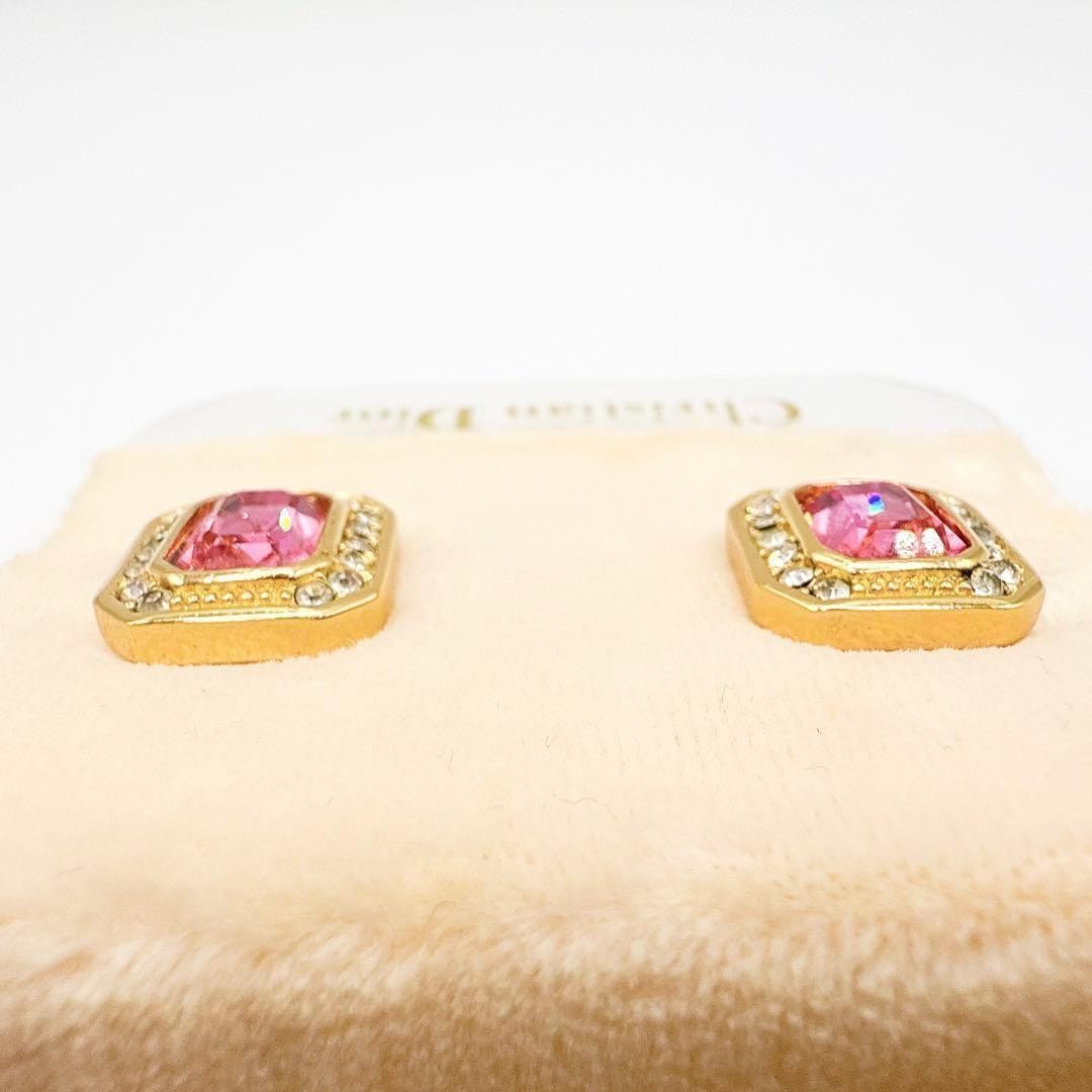 Christian Dior Earrings Pink Stone Crystal Rhinestone Gold Metal Accessories