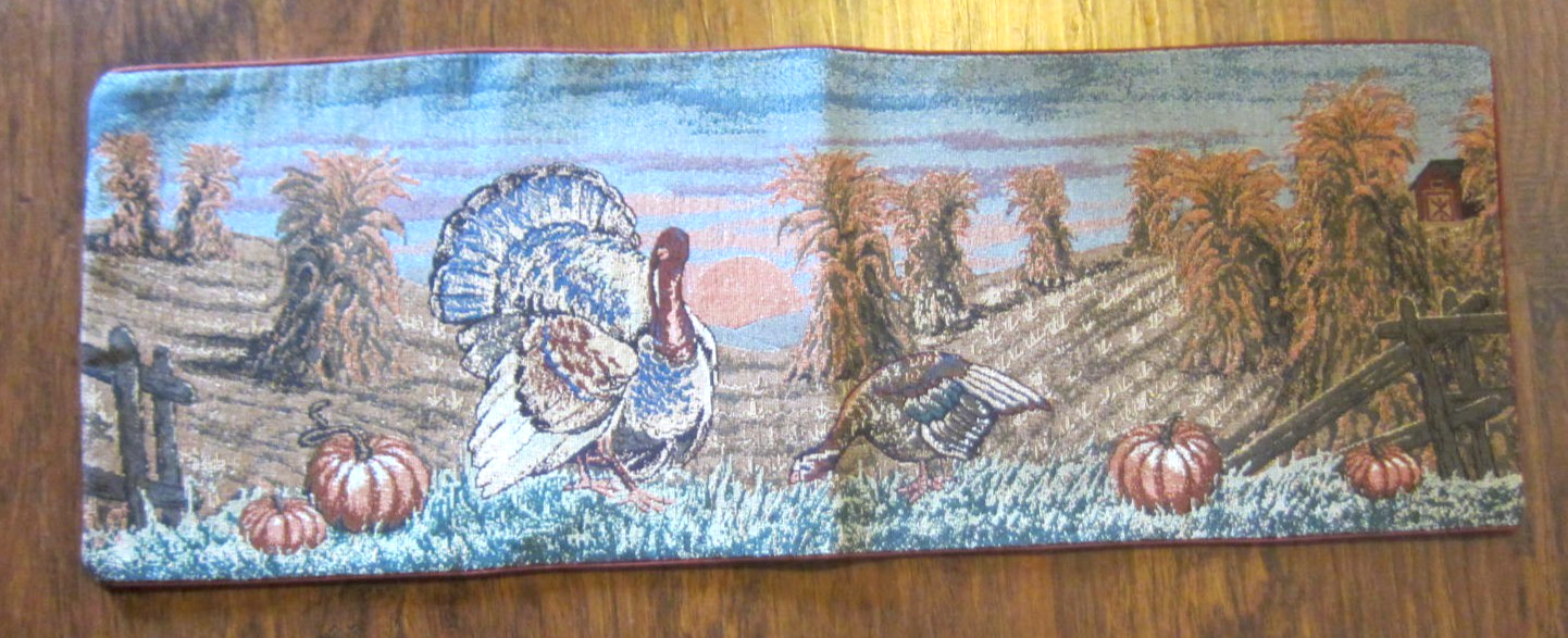 Thanksgiving Themed Woven Tapestry Table Runner Turkey Pumpkin Barn Hay 35x12.5
