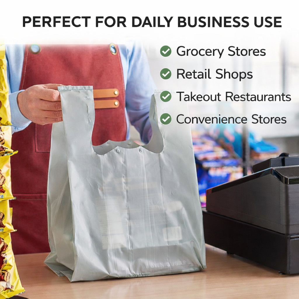 Gray Plastic Grocery T-Shirt Bags 12x7x20 2.25 Mil Reusable Extra Heavy Duty