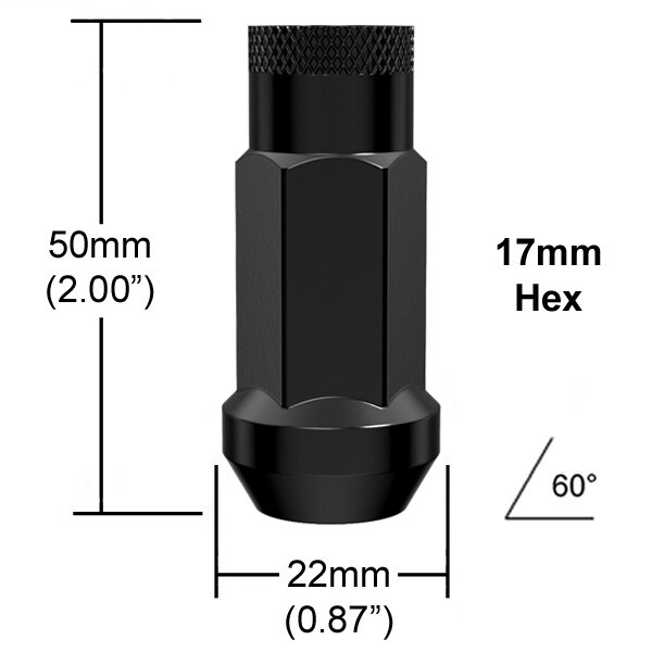 20pc 12x1.5 Lug Nuts w/ Socket, Black, Cone Seat, Extended Tuner Racing Open End