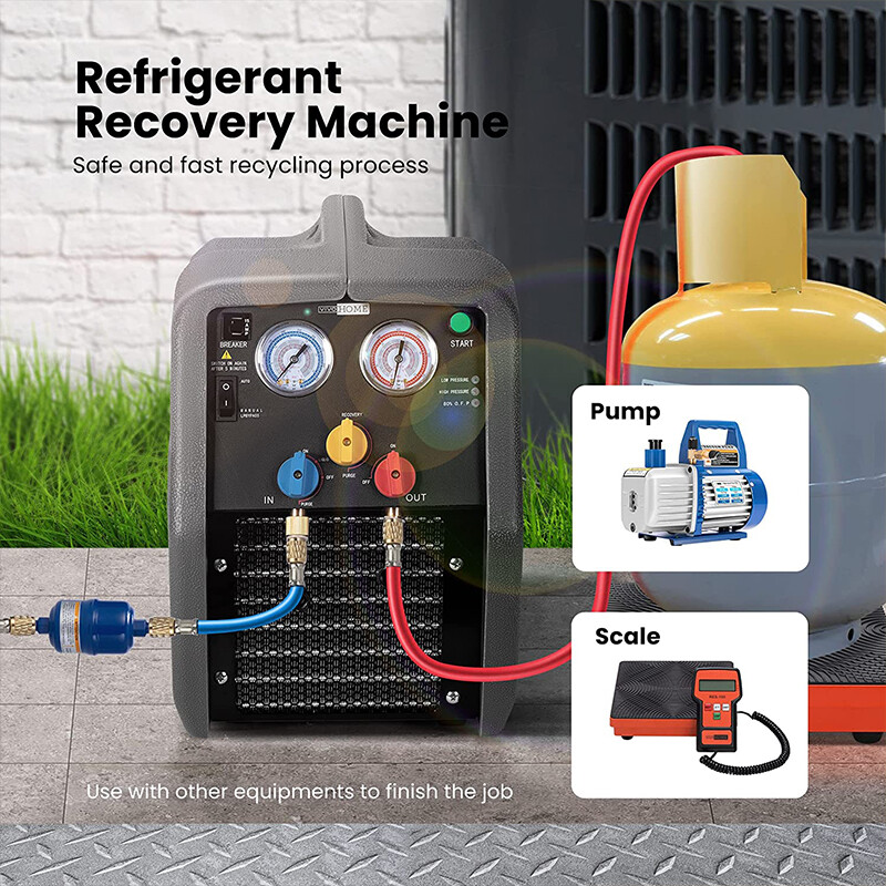 R1234YF 1 HP Dual Cylinder Refrigerant Recovery Machine Oil-Less Freon Recycling