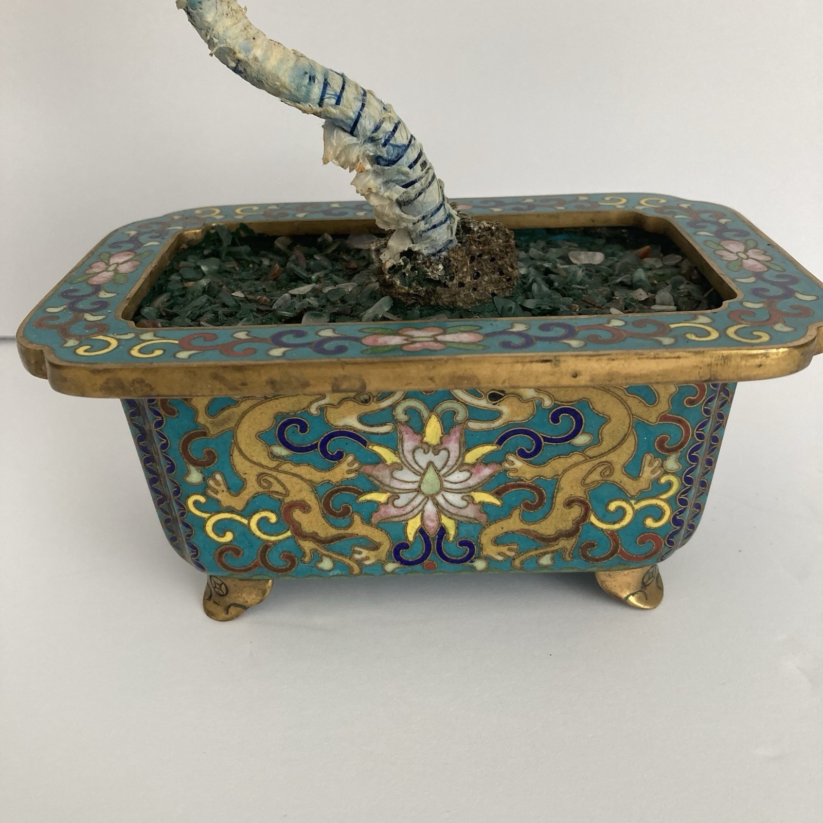 Pair Antique Chinese Jade Bonsai Tree in Cloisonne Pot w Amethyst Carnelian VTG