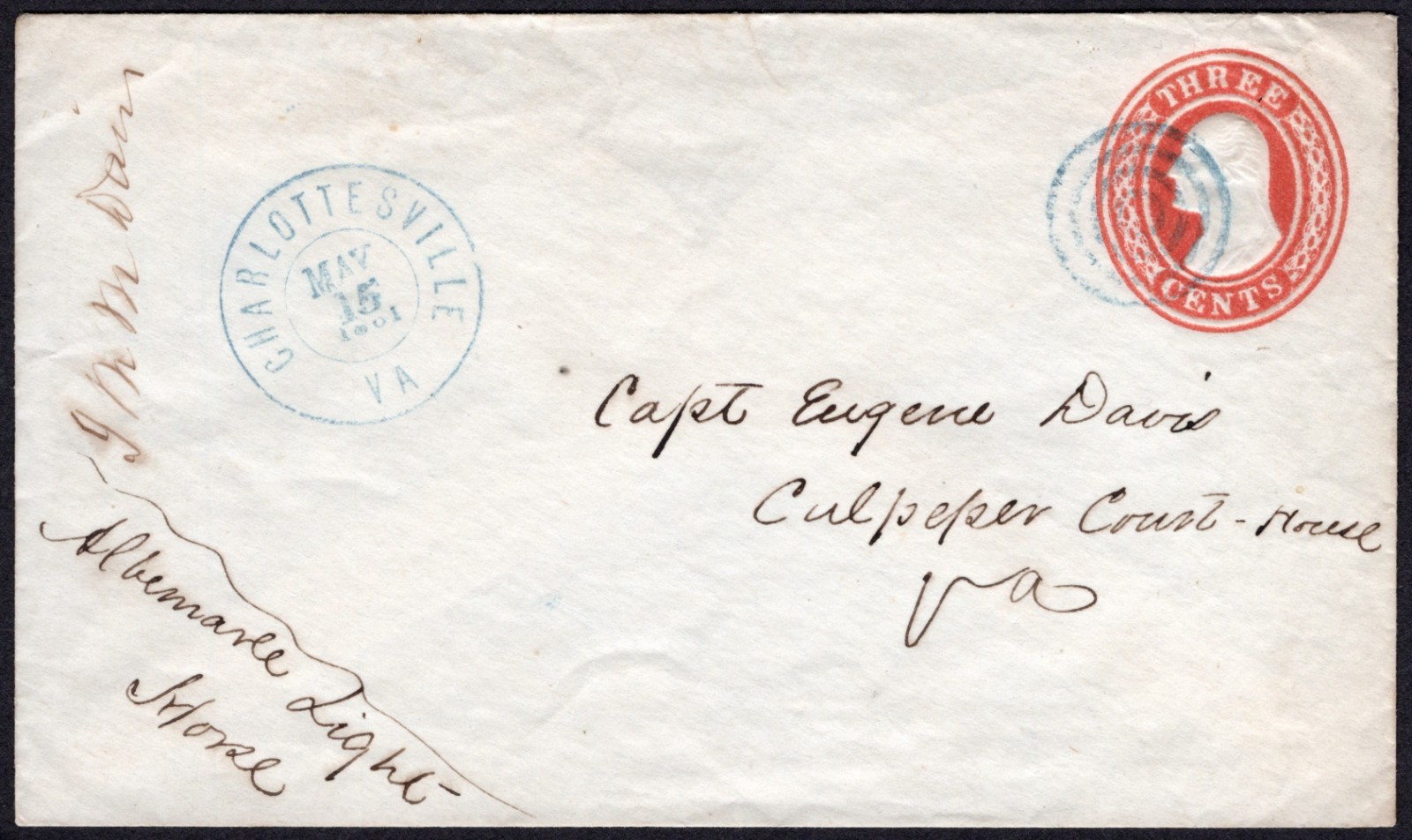 USA 3¢ Red Nesbitt (U9), CSA Charlottesville, VA CDS MAY 15, 1861 to Capt. Davis
