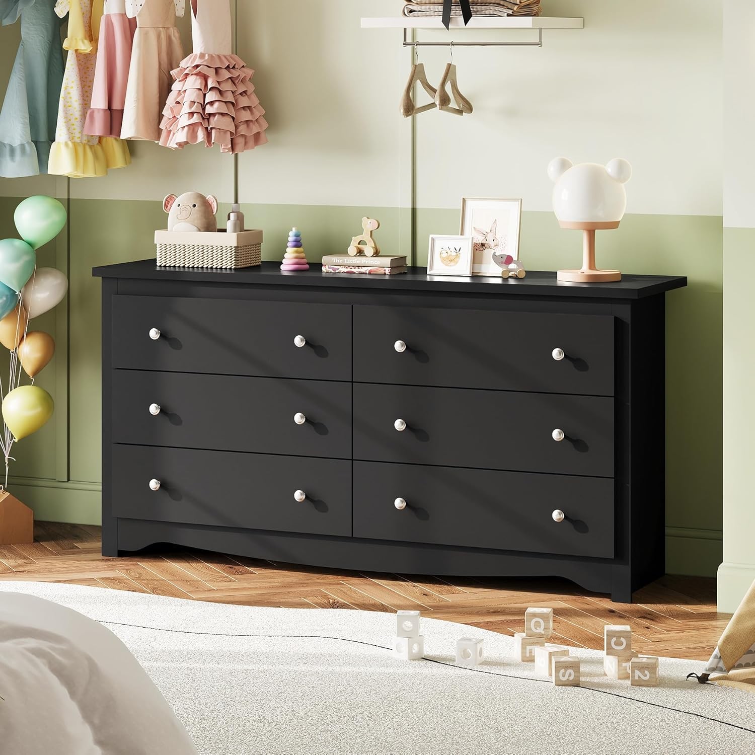 Black Wooden 6-Drawer Dresser, 59" Wide Modern Chest for Bedroom & Living Room