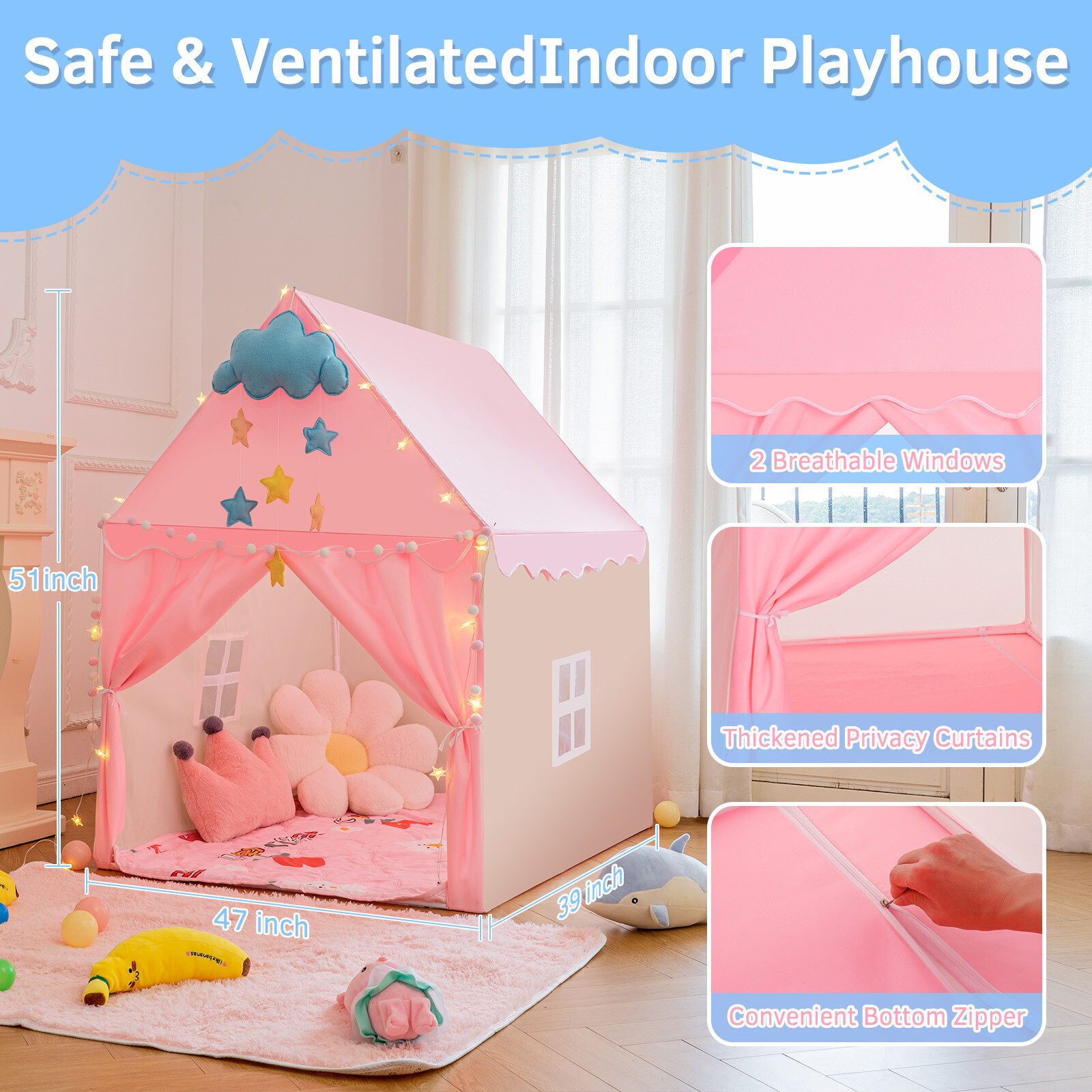 51"Large Princess Castle Kids Play Tent Girl Playhouse Game House Indoor/Outdoor