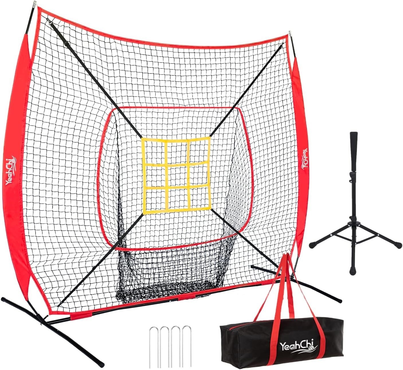 7×7FT Baseball Net with Batting Tee and Strike Zone Target, Portable Hitting ...