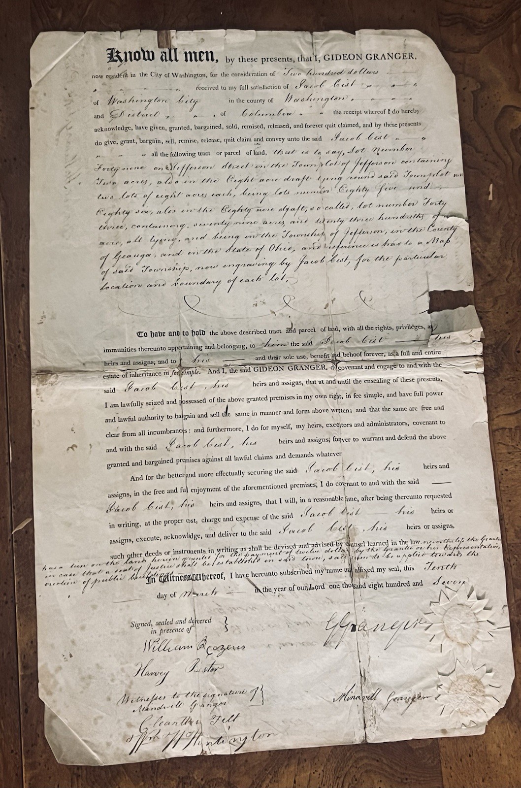 1808 Deed, District of Columbia, Signed By Gideon Granger & Dr. William Thornton