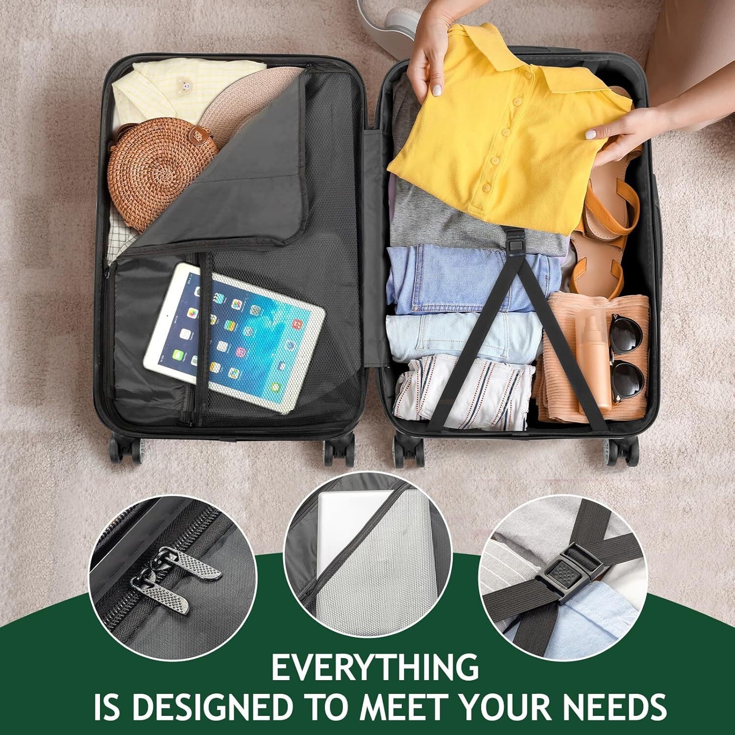 3-Piece Hardshell Luggage Sets with Spinner Wheels TSA Lock Black (20"/24"/28")