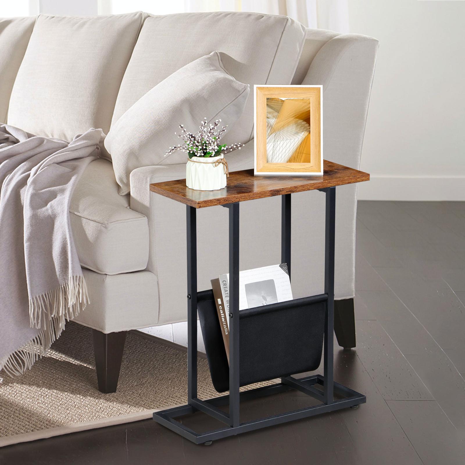 Narrow Small End Table with Magazine Holder ForLiving Room Corner Table Brown