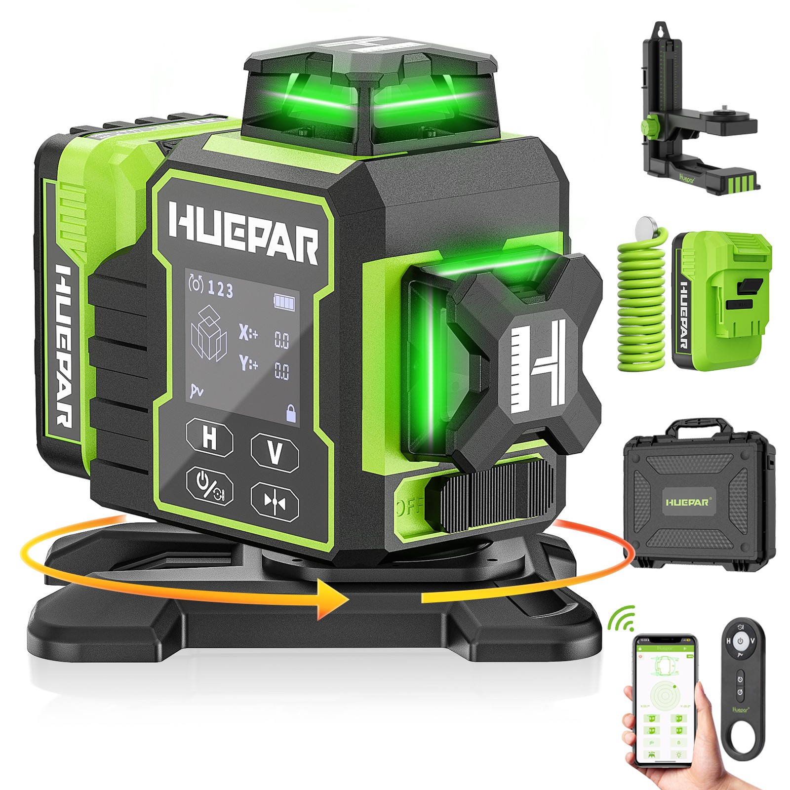 Huepar 3x360° Green Cross Line Bluetoothed Laser Level with Large LCD Screen