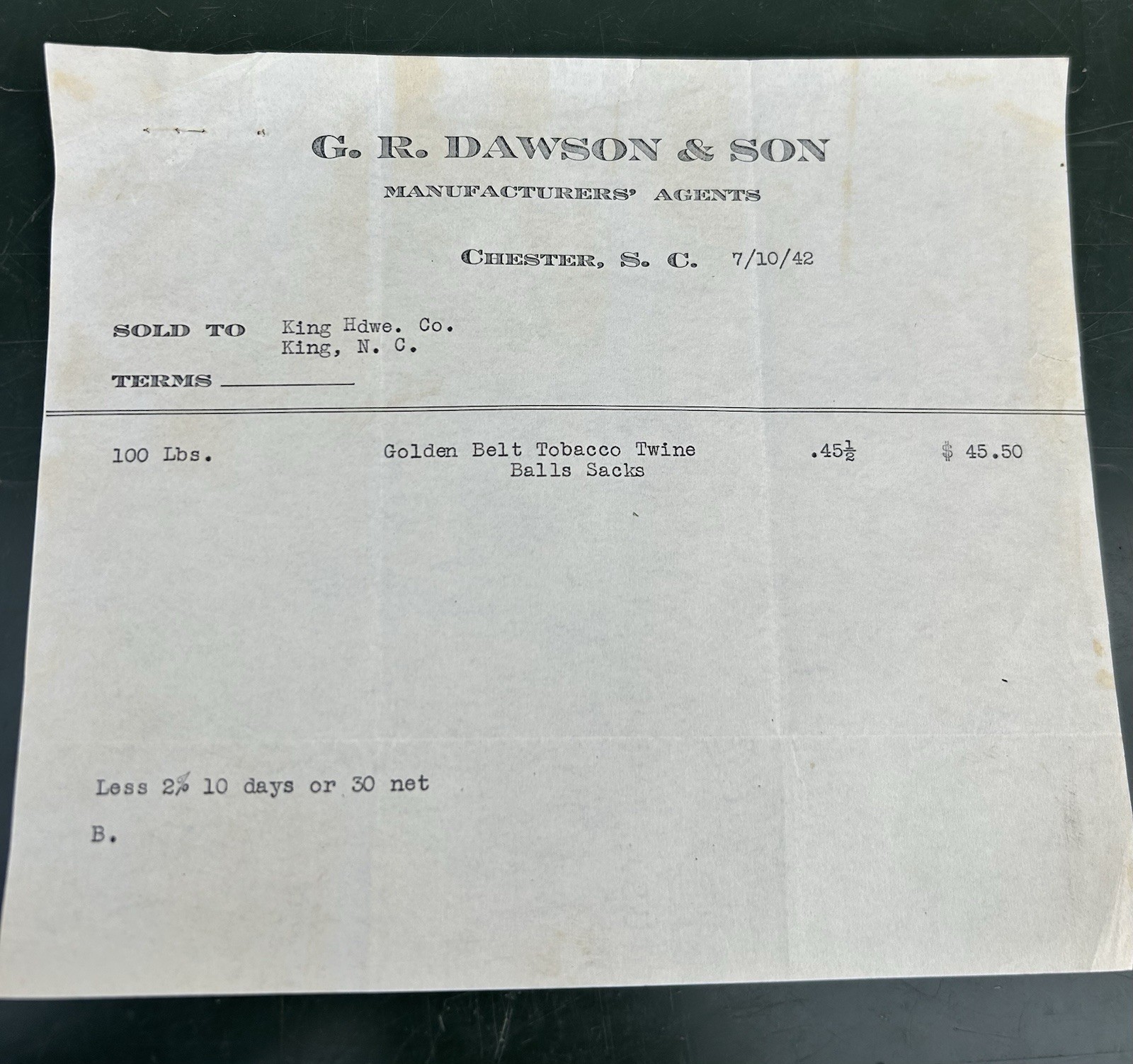 Vintage G. R. Dawson & Son Invoice Chester, South Carolina 1942