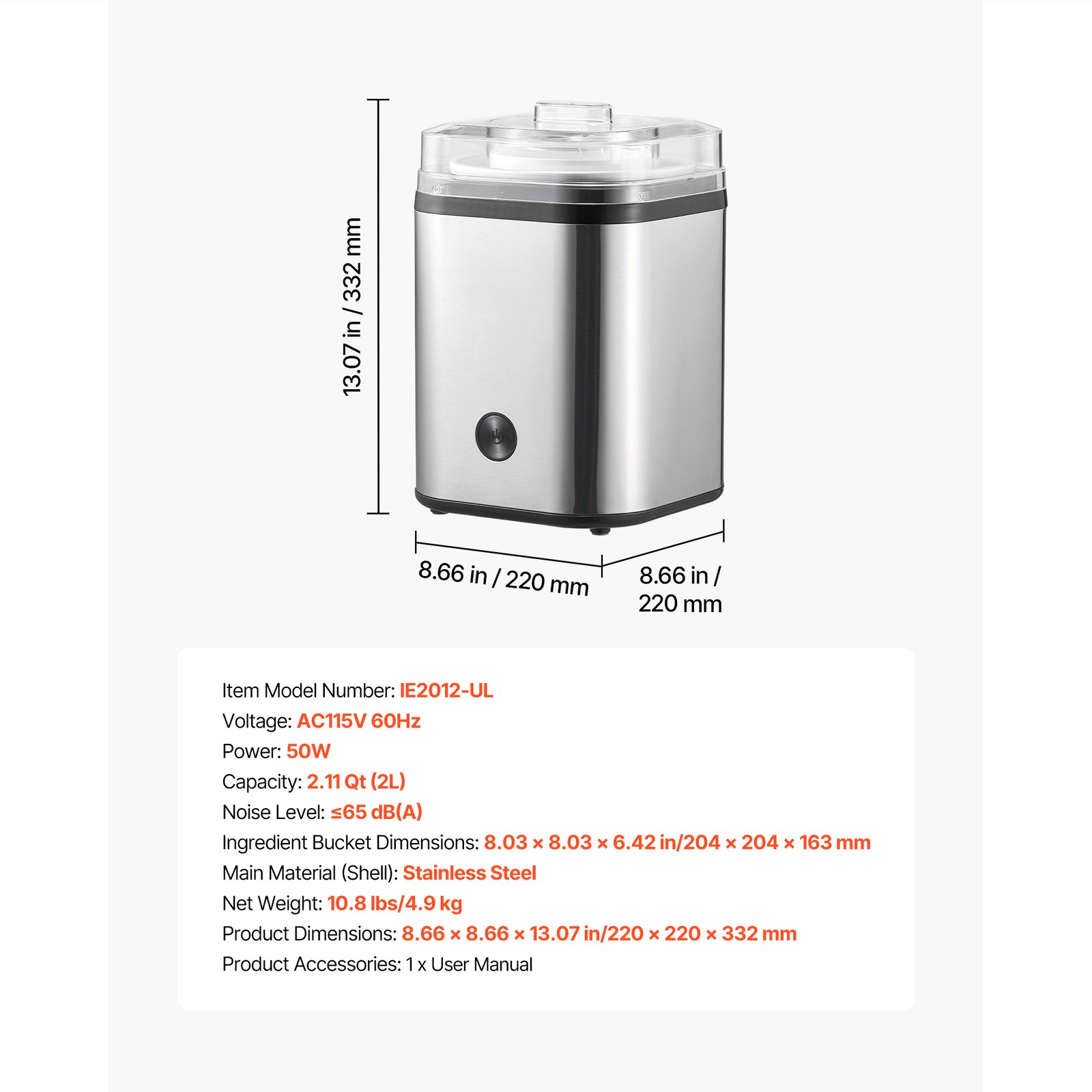 Uimoso Automatic Ice Cream Machine 2.11 Qt Capacity Stainless Steel for Home DIY