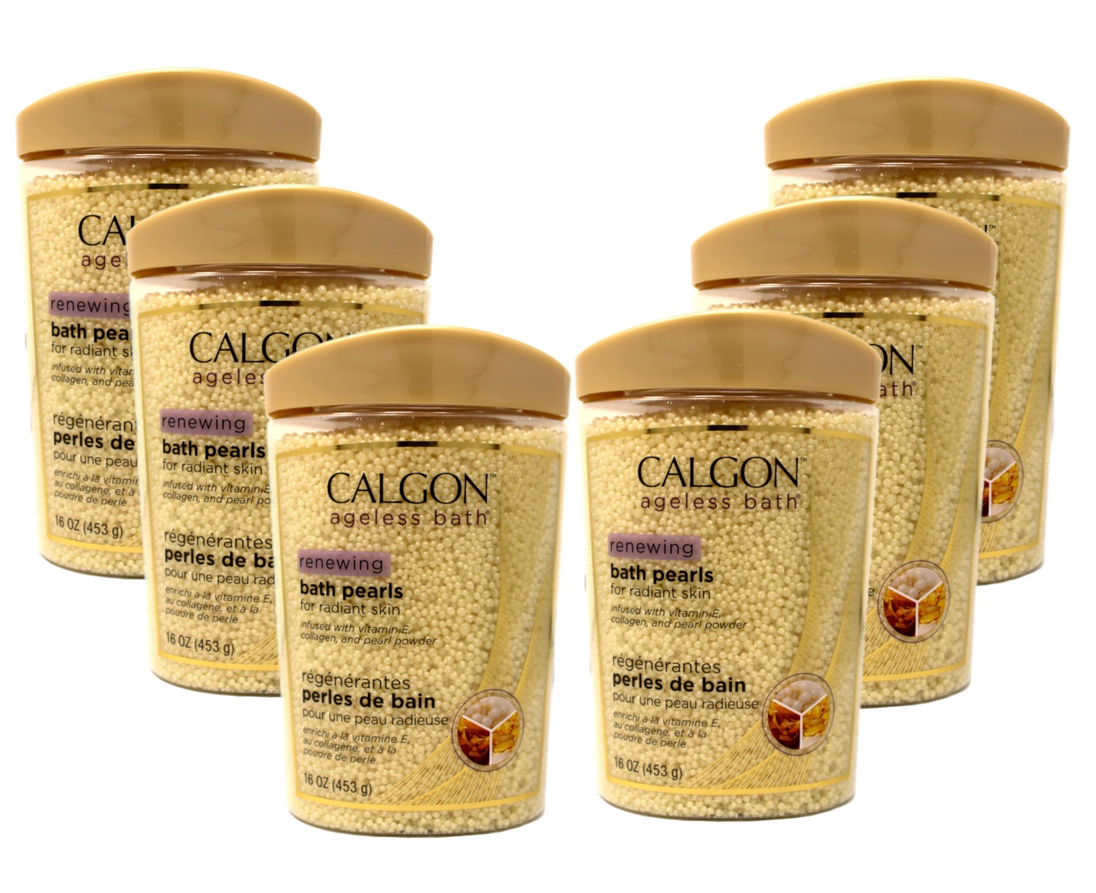 Calgon Ageless Renewing Bath Pearl Vitamin E Collagen & Pearl Powder 16oz 6 Pack