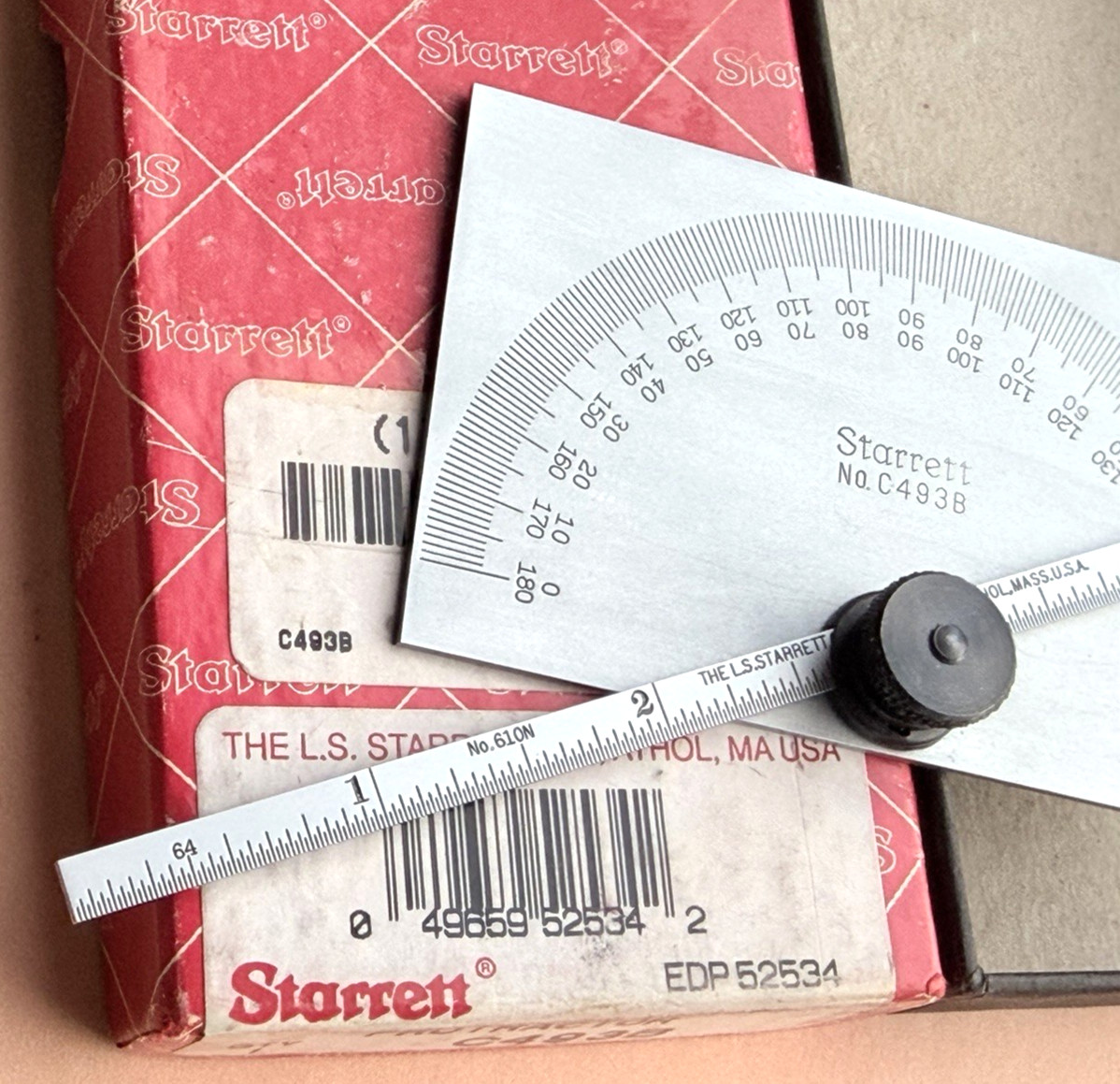 STARRETT No. C493B Satin Chrome Finish Steel Protractor/Depth Gage. USA Made!