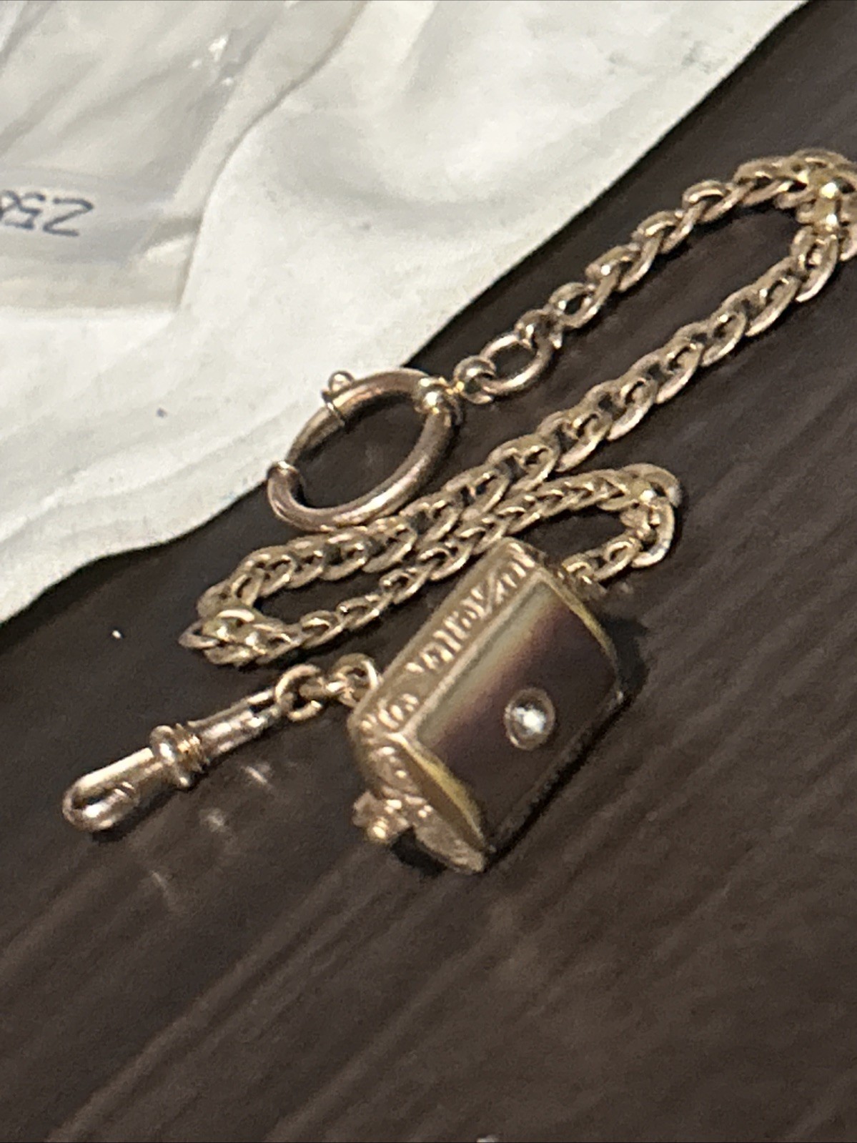 Vintage CHARNIER 1/10 Watch Chain Rose GF Abalone Carnelian Spinner GF Fob 11”