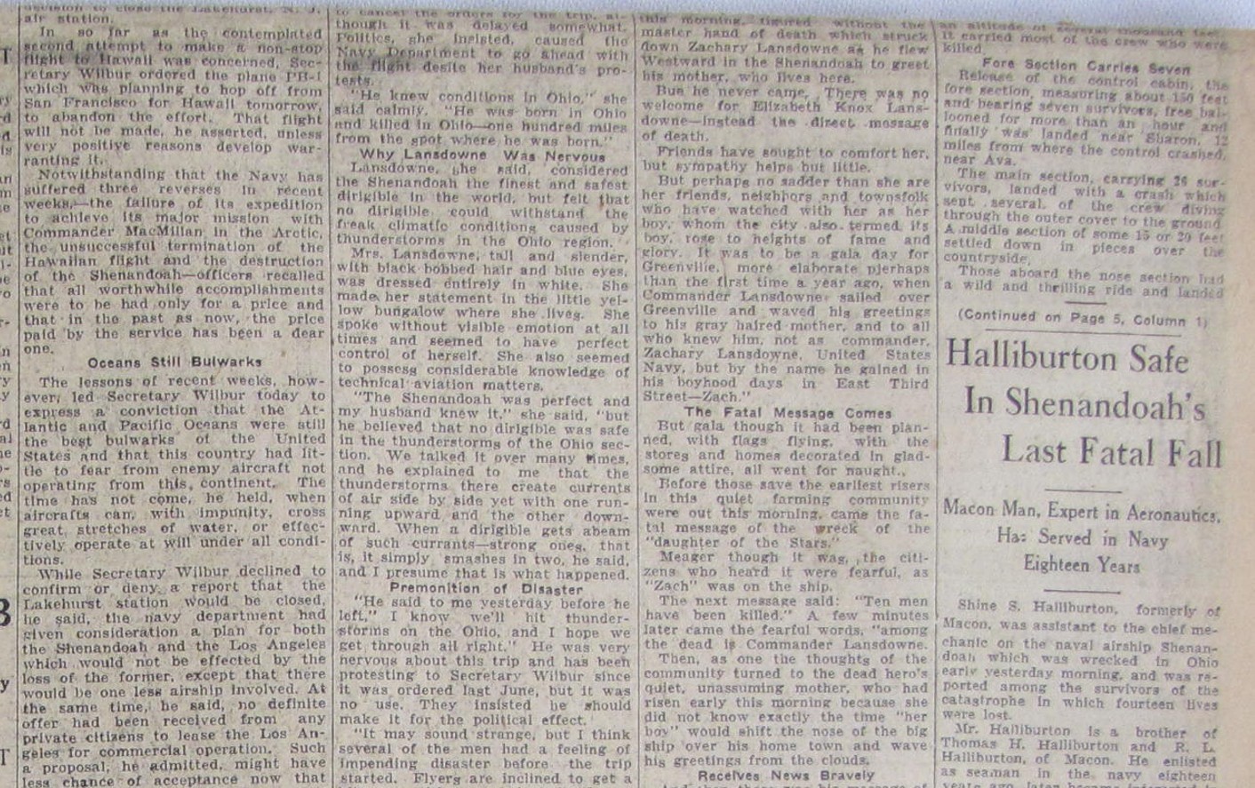 Vintage 1925 USS Shenandoah Airship Crash Newspaper
