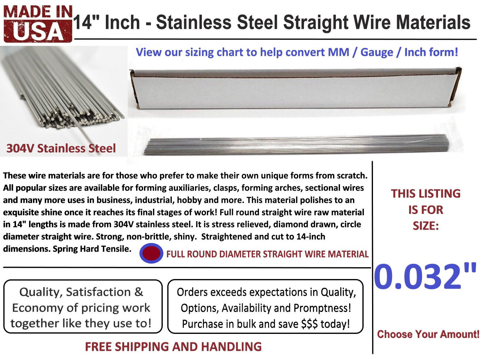Orthodontic Stainless Steel Straight Lengths .032" Wire SS 14'' Lengths 100 Pack