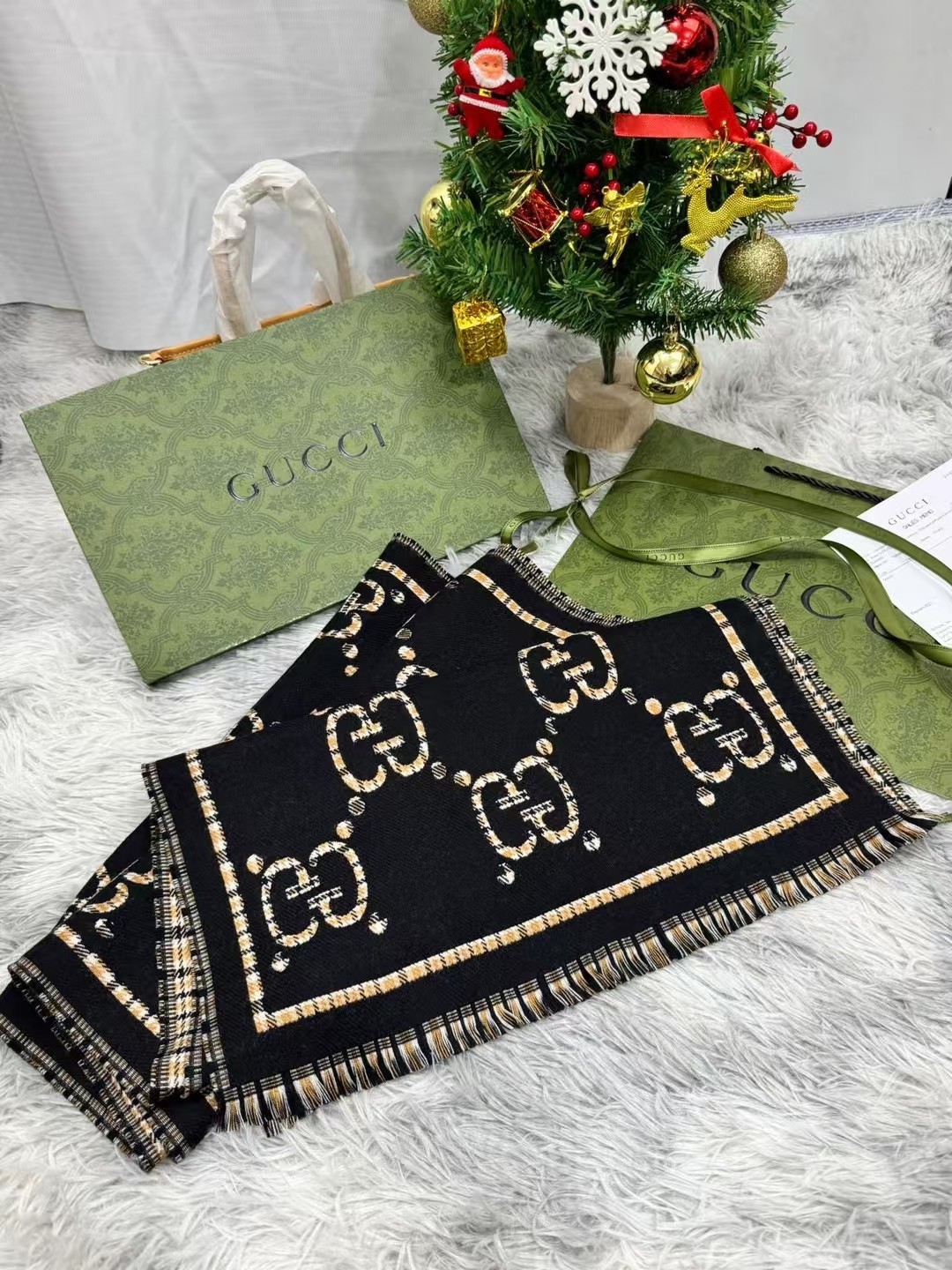 SCARF GUCCI SCARF SHAWL AUTHENTIC 100% CASHMERE BLACK BEIGE CLASSIC LOGO