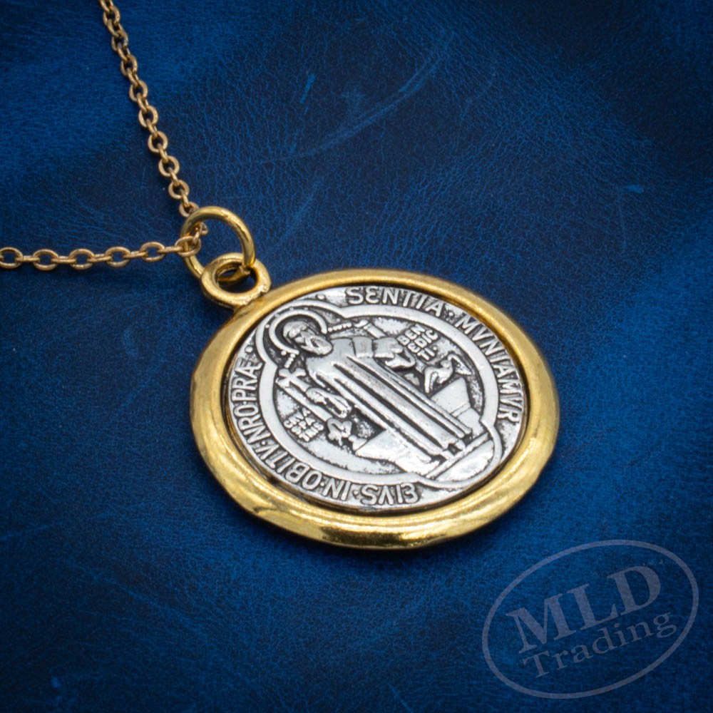 Saint St Benedict Medal Pendant Necklace – Gold Tone Border – 18”+2” Link Chain