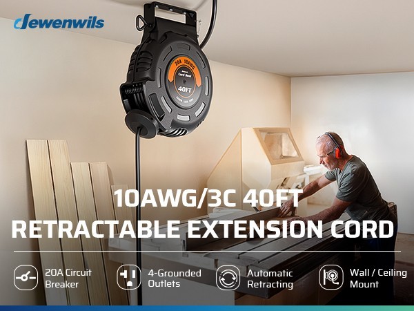 DEWENWILS Retractable Extension Cord Reel, 40FT 10AWG/3C SJTW Heavy Duty Power