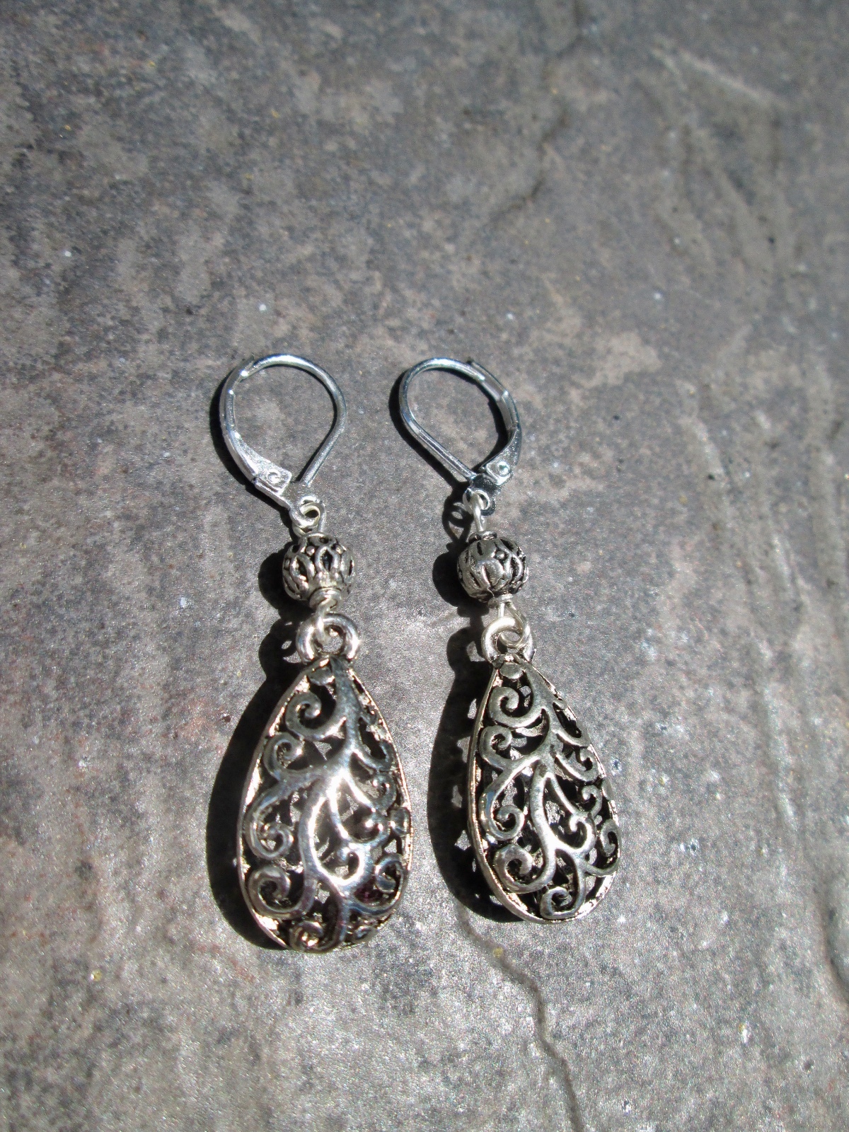Silver Filigree Teardrop Earrings with Sterling Silver Leverbacks