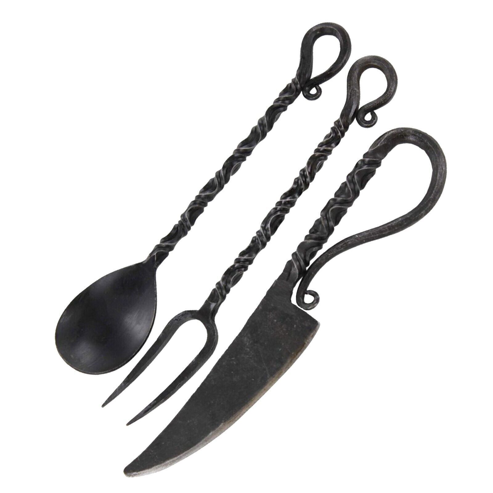 HAND FORGED FUNCTIONAL IRON MEDIEVAL INSPIRED CAMPING PARTY 3 PIECE UTENSIL SET