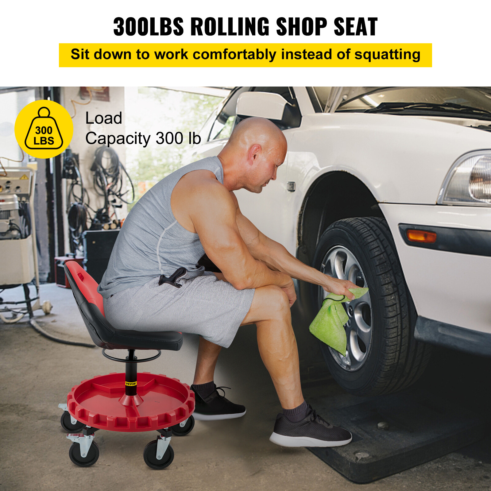 VEVOR Rolling Garage Stool 300LBS Adjustable Mechanic Work Shop Seat w/Casters