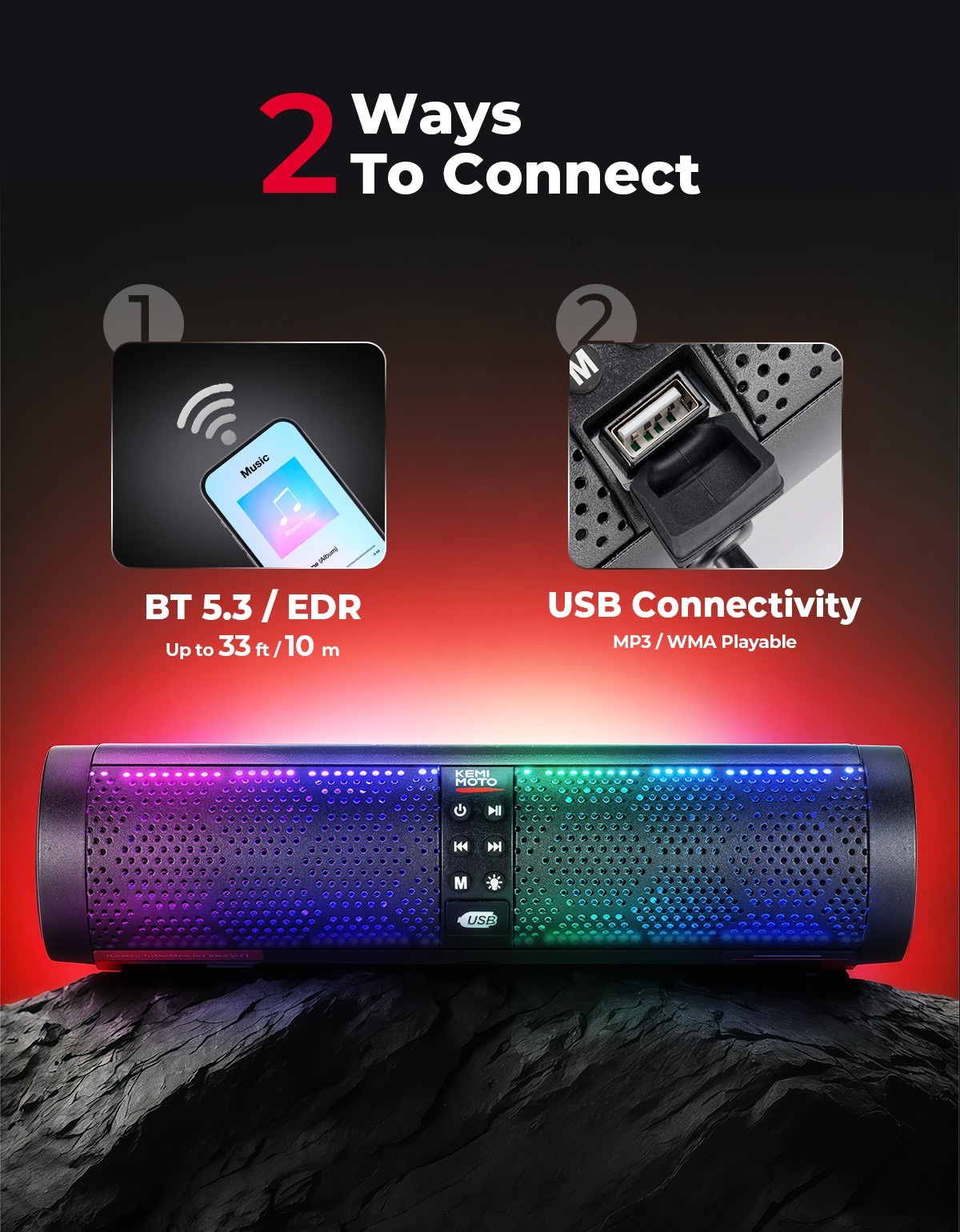 4-Speaker Motorcycle Sound Bar Bluetooth USB Audio System for 7/8-1.2" Handlebar