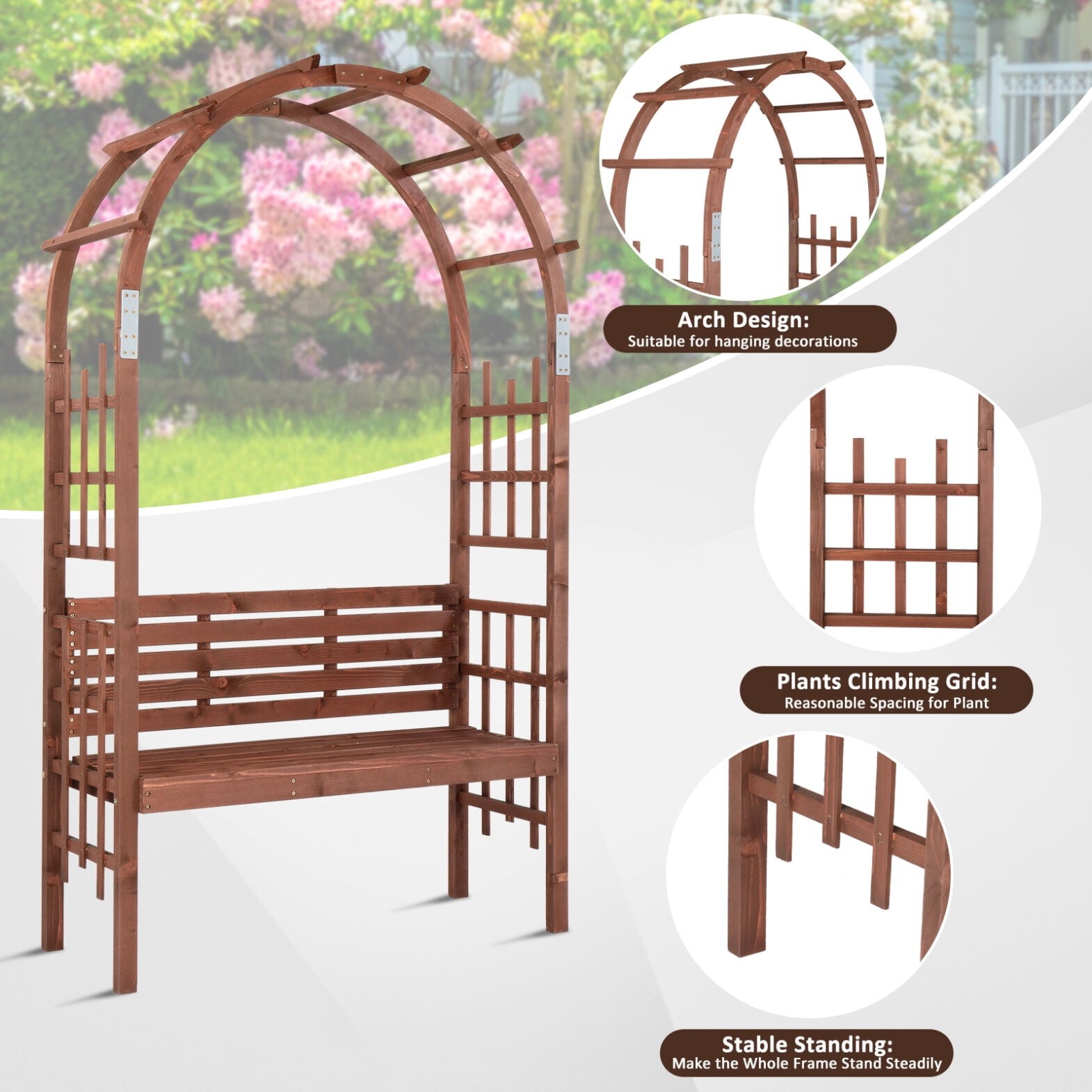 81.5" Outdoor Arbor Trellis w/Bench, Wooden Garden Bench Arch Pergola Backrest